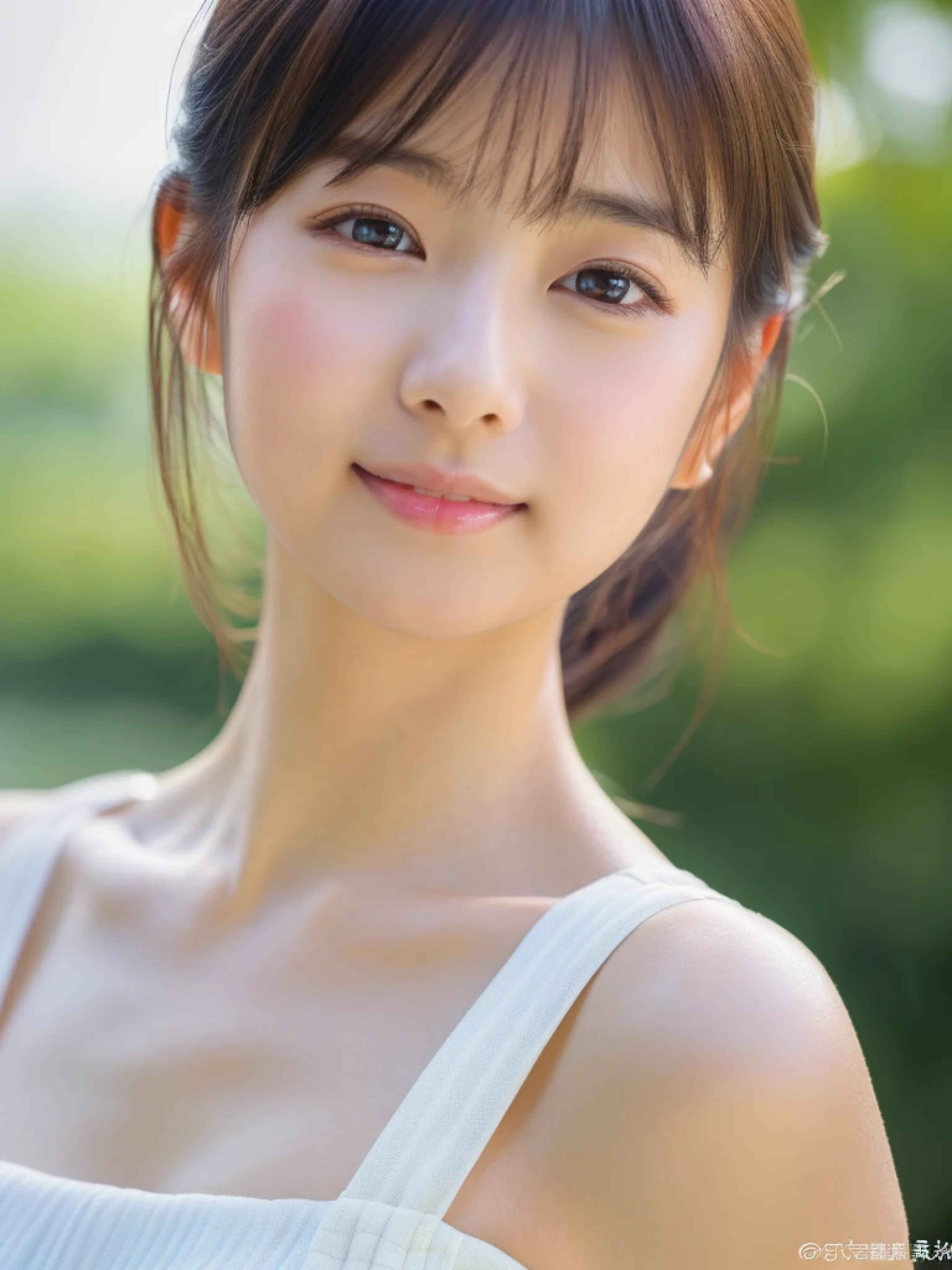 ((cute日本の女の子、beautiful japanese girl、1 girl、clear、19 years old、ponytail、Highly detailed face and skin texture、refinement、super detailed face、super detailed eyes、鬠红、blush、cheek、ピンクのcheekを塗った頬、close up of a woman、 from the neck up、 Close to the camera、 positive face、forward facing body、looking at the camera、front、cute、smooth white skin、Transparent skin texture、))、(dark brown hair、bangs)、beautiful woman with perfect style：1.4、Japan models、young gravure idol、若いcuteグラビアアイドル、Realistic young gravure idol、sophisticated gravure idol、((highest quality、8K、masterpiece:1.3、１Photo))、(4K、RAW photo、highest quality)、(realistic、フォトrealistic:1.37)、Place a person across the screen、Natural light、professional lighting、F cup、big breasts、big breasts、Beautiful and well-shaped breasts、