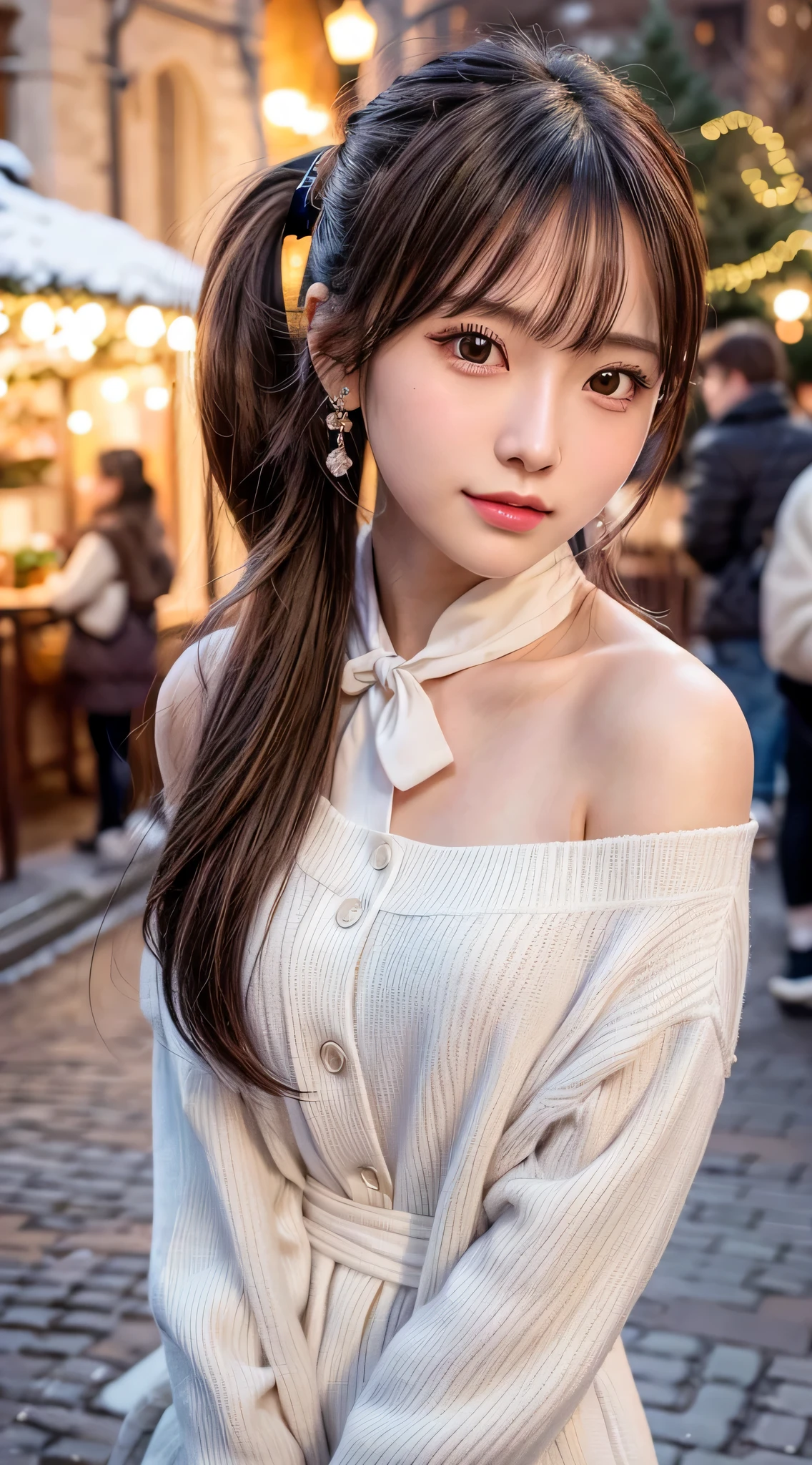 blush,long hair ponytail,big ribbon in her hair,(8K, Raw photo, best quality, muste piece:1.2), (Reality, photorealistic:1.4), (Highly detailed 8K wallpaper), Tits sharp focus, Depth of bounds written, cinematic lighting, soft light, detailed beauty eye,Shiny and smooth light brown ponytail, asymmetrical bangs, shiny skin, super detailed skin ,high resolution, high detail, detailed hairstyle, detailed beauty face, hyper real, perfect limbs, perfect anatomy ,1 Japanese girl,famous japanese idol, perfect female body,shy smile,short eyelashes,double-edged eyelids,look straight here,Hair style is ponytail,wear a ribbon, office,long ponytail hairstyle,Wearing scrunchies,wearing a long coat,The Street,Stand up straight and face me,So that the whole body can be seen,winter,warm clothes,look straight at me,wearing a scarf,It's snowing,european cityscape,cobblestone road,European churches can be seen in the background,in front of a church in europe,night time,Christmas Market,illumination is shining,chest is small,pose is random,Wearing earrings