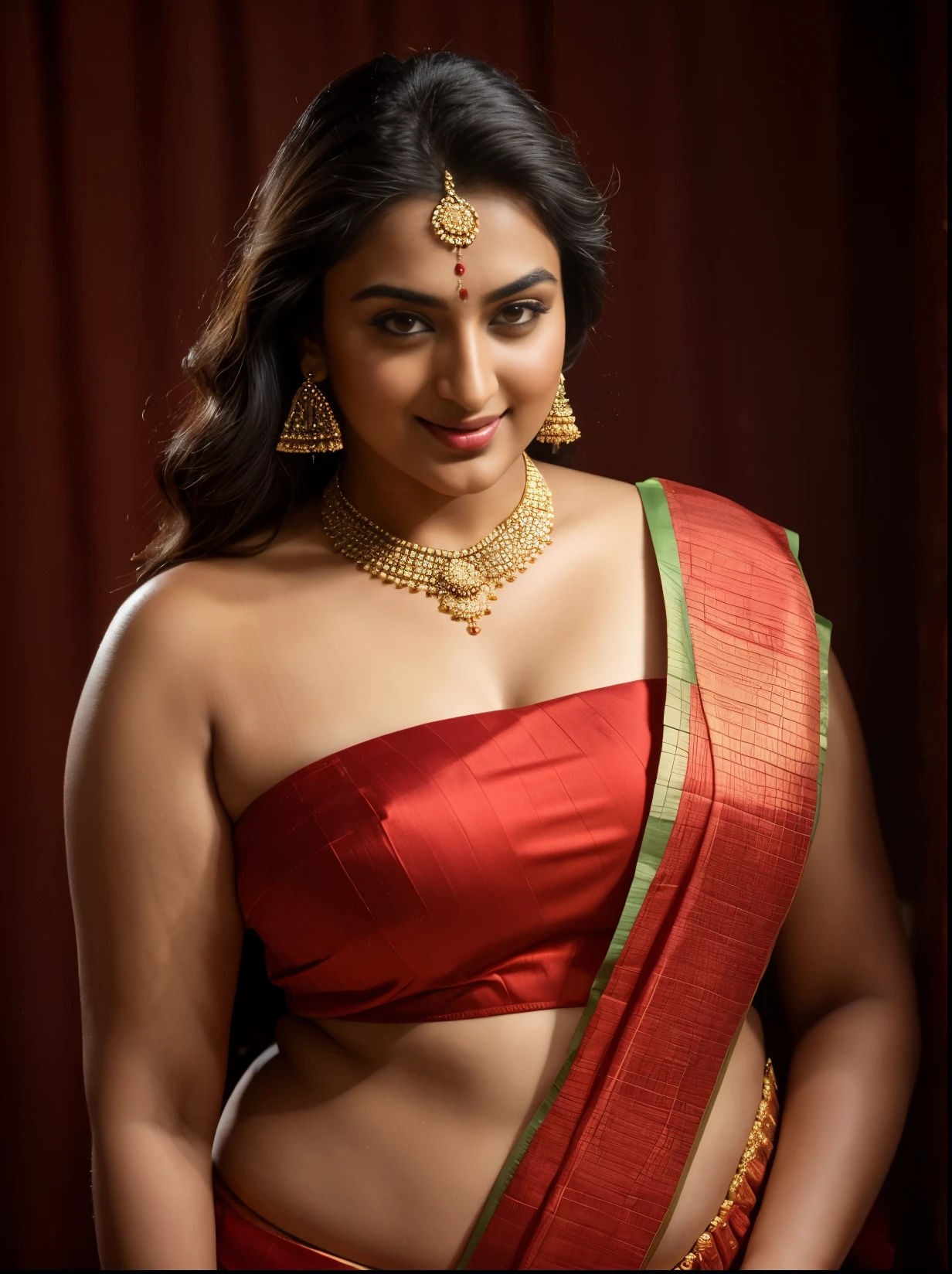 Foto RAW, photorealistic, photography, full body shot, master shot, perfect eyes, goddess like beauty, pierced eyes, perfect thick chubby mallu Desi aunty bhabhi, Wearing a Stanapatta, a chest-band.Saree model, model Photography, Indian saree shoot, Indian traditional wear advertising photography, traditional wear brand shoot, face of Indian actress Sonakshi Sinha, masterpiece, realistic, realism, incredible details, pleasure, photorealism, detailed skin, skin pores, high contrast, photorealistic Artstation 8k HD digital art trend of high definition and detailed realistic skin texture, ultra detail, realistic skin texture, armature, best quality, ultra high definition, (photorealistic:1.4),, high resolution, detail, raw photo, sweat, Re sharp, by Lee Jefferies Nikon D850 Film Stock Photo 4 Kodak Portra 400 Camera F1.6 Lens Rich Color Ultra Real Realistic Realistic Textures Dramatic Lighting Unreal Engine Trending at Art Station Cinestill 800,(pele altamente detalhada: 1.2), 8k UHD, DSLR, soft-lighting, alta qualidade, grain of film, Fujifilm XT3,she didn't like to wear blouse or bra, she is happy to wear only saree, she hates blouse or bra, detailed hairy armpits,