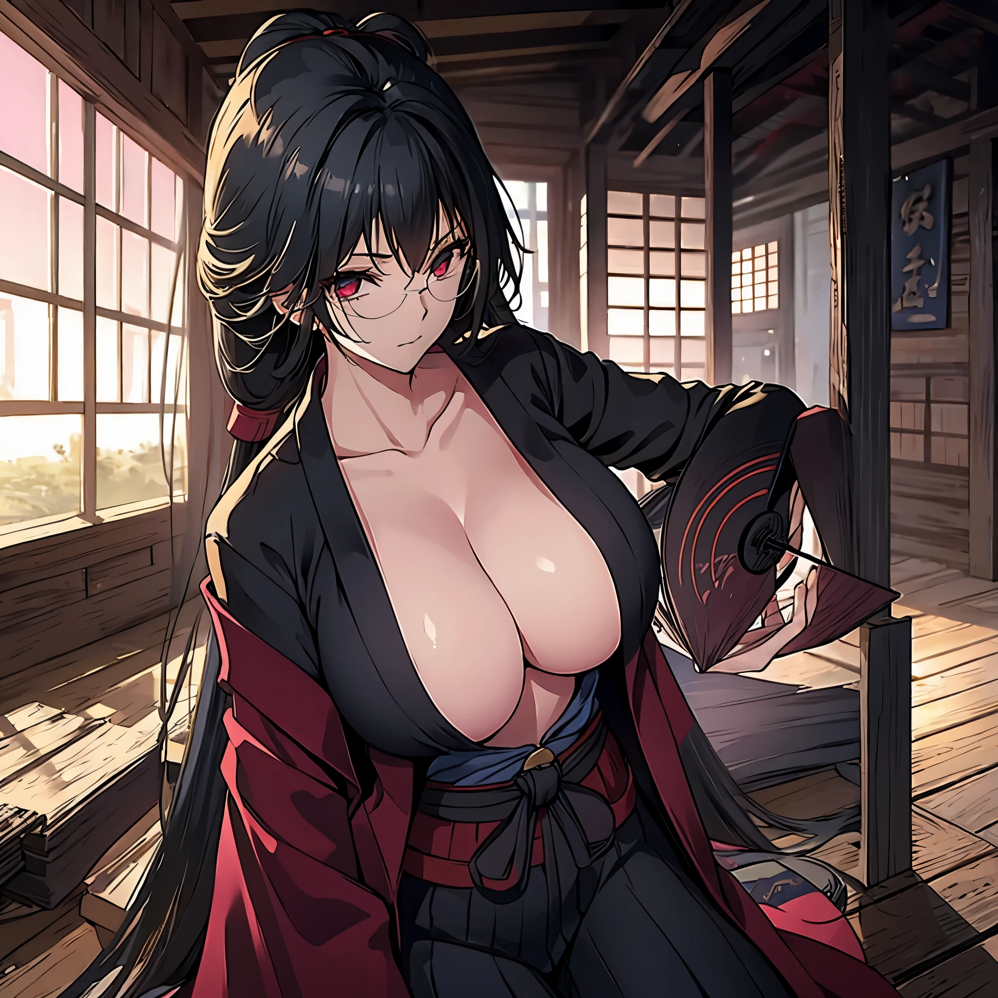 a woman, eye red, big boobs, in a castle japanese keep a fan
