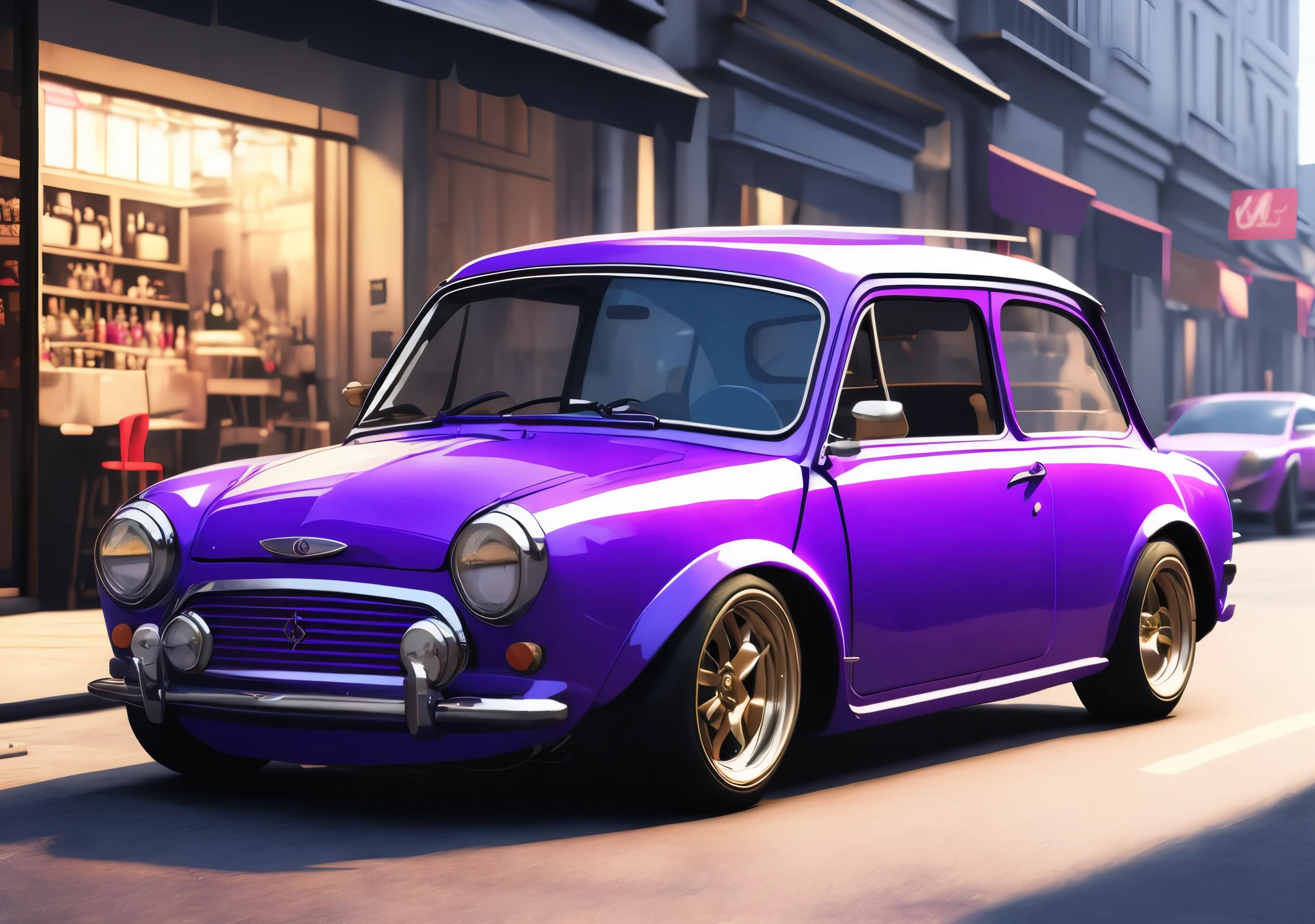 purple car parked on the side of the road in front of a building, Altamente detalhado Hyper Real Retro, carros realistas, mini tanoeiro, classic cars, hyperrealistic rendering, estilo hiper realista, classic car, daily rendering, semi-realistic rendering, hyperrealistic rendering, hyper - realistic render, Hyperrealistic rendering, brilho roxo, nice colors, hyperrealistic renderinging