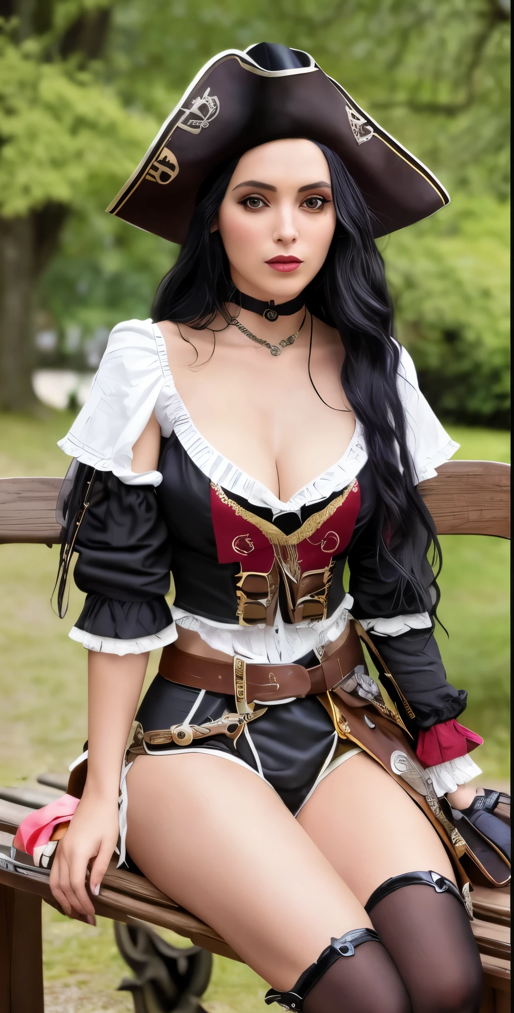 araffe dressed in pirate costume sitting on a bench in a park, pirate woman, female pirate captain, pirate clothing, pirate clothes, wearing an ornate outfit, black - haired mage, pirate setting, captivating and enticing, yennefer, pirate, pirate queen, yennefer of vengerberg, a steampunk beautiful goddess