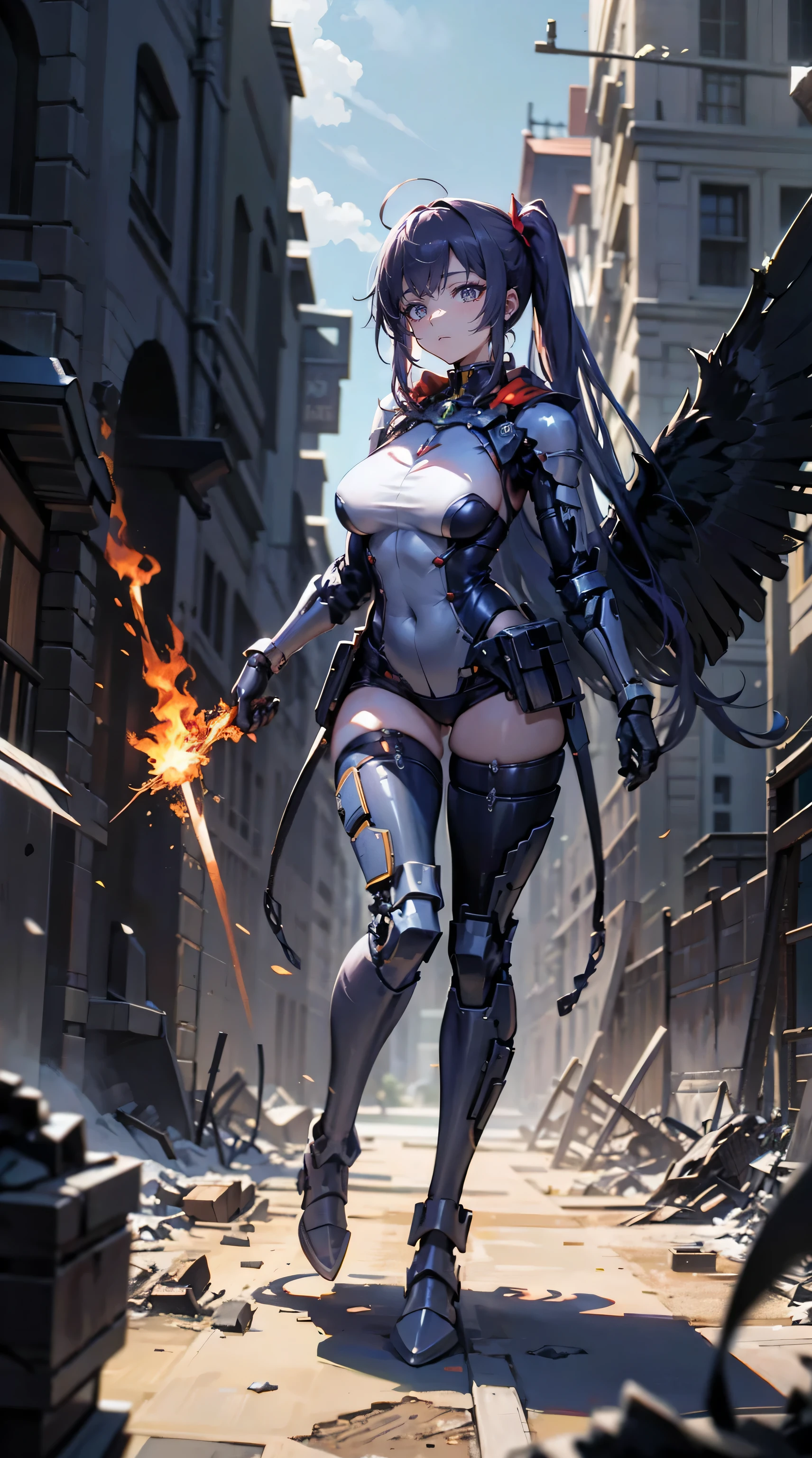 surrealism, Ray tracing, hyper HD, High details, 8K, Best quality, Textured skin, iridescent lighting, Gundam Mech，Cyber wings，tmasterpiece，best qualtiy，mechs，A teenager levitates in the air，（full bodyesbian），（Black Mech：1.5），（轴对称：1.4），（hdr），（cinematric light：1.1），White eyes，Cool,scientific fiction，firey，Don Dao，karo，conflict，Background of the destroyed city，（Armed with a huge weapon：1.5），Mecha male，