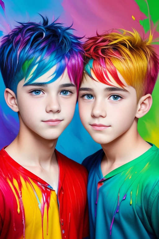 oil painting ! Masterpiece of art . top quality , detailed image of a beautiful face . Portrait of two very handsome 17 year old boys ! Surreal amazing portrait of boys with very bright and contrasting colors.. ,pour all the colors of dye onto your hair and shake your head in different directions, splashing paint, you will get a stunning portrait of two cute boys ! The wind blows paint across the canvas in large clumps.. , creating a unique image of a whirlwind of beauty and inspiration in the style of Alberto Seveso ! There are no brush strokes on the canvas , in the picture there is only a swirl of poured paint and splashes 