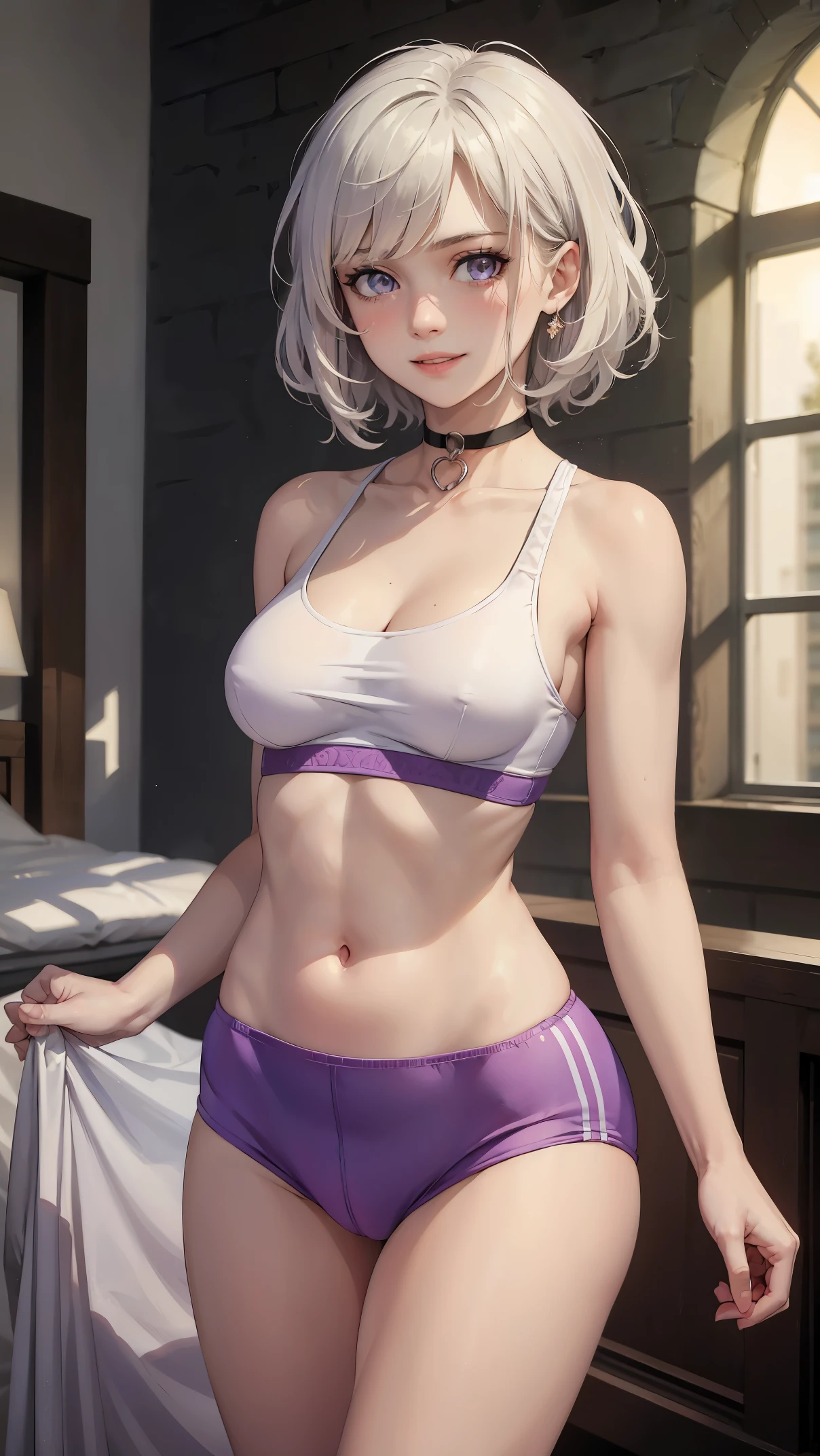 ((((masterpiece, best quality, high resolution)))), (1girl:1.5), ((short silky hair, white hair, purple eyes, sharp eyes, choker)), (medium breasts:1.2), blush, (cheeky smile, parted lips), glow, thighs,  shoulders, collarbone, narrow waist, (slender body figure), (beautiful detailed face, beautiful detailed eyes), ((sports )), (standing up), looking at viewer, nighttime, bedroom, (cowboy shot)