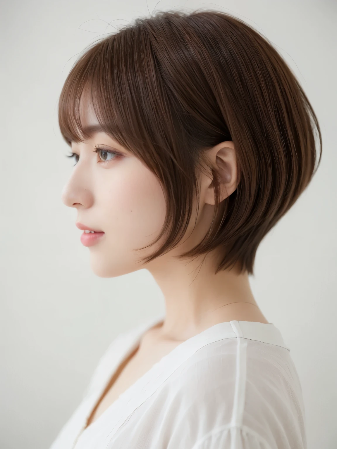 Taken in front of the white door、(8K、Raw photo、highest quality、masterpiece:1.2)、High-definition RAW color photo、professional photos、(realistic、フォトrealistic:1.37)、Shot in natural light、1 girl、laughter、(Versatile poses)、squat、squat、break (Ombre:1.3) 、Winter clothes、 necklace、(pastel clothing)、(Beautiful profile:1.3)、Don't look at the camera、profile、shortcut、((brown hair)、short hair、Eye color dark brown、(Beautiful profile:1.3)、correct hand of human body、Simple piercing