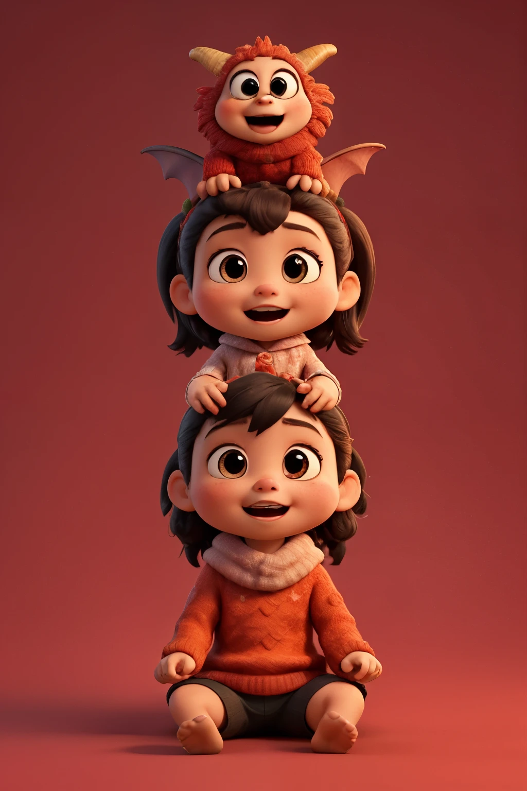 Pixar style, a cute little Chinese girl, wearing a red sweater sitting on the head of a red dragon, the little girl wearing a red wool scarf, exaggerated expression, pure Chinese red background, big red background, very festive, Chinese elements, welcoming the New Year, commercial photography, glow, God Ray, ray tracing, backlight, 32k, --v 6