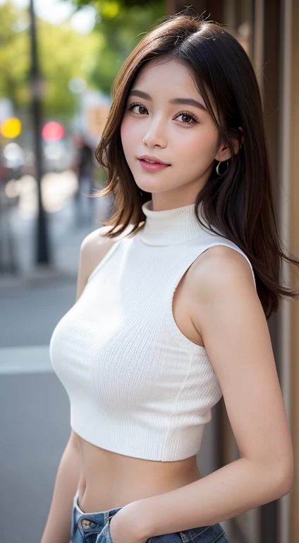 mesa, Mejor calidad, Fotorrealista, finamente detalle, high resolution, Fondos de pantalla 8K, Perfect dynamic composition, hermosos ojos detallados, pelo medio, pechos grandes y llenos, Poses aleatorias y sexys.,Junta tu pecho、(Mock Neck Crop Tank Top White Knitwear、El escote parece realista)、(Protuberancia mamaria 1.2)、Una sonrisa、abrir la boca abierta、Tourist landscape、23 years、(Drooping eyes 1.4)、 belleza、Japanese