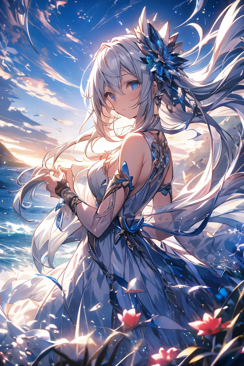 anime girl walking near cliff, beautiful fantasy anime, high detailed official artwork, white sliver haired deity, shadowverse style, anime goddess, nightcore, detailed key anime art, official artwork, masterpiece goddess of beauty, anime fantasy illustration, detailed digital anime art, epic light novel art cover, from the arknights videogame, anime fantasy artwork, serene background, bright white moon, white beach dress, viewing the sea