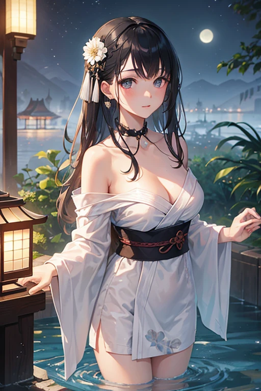 Young woman, very delicate and beautiful eyes, black hair, long hair, bangs, hair accessory, wet hair, very detailed, standing in ankle-deep water, reflection, moon, raining, wet clothes, Japanese clothes , yukata, strapless, translucent, floral pattern, open neck, open shoulder, chest, wet, lantern, night, outdoors, rainy, mountains, clouds, lantern, night sky, trees, very detailed, CG, movie lighting, detailed backgrounds, East Asian architecture