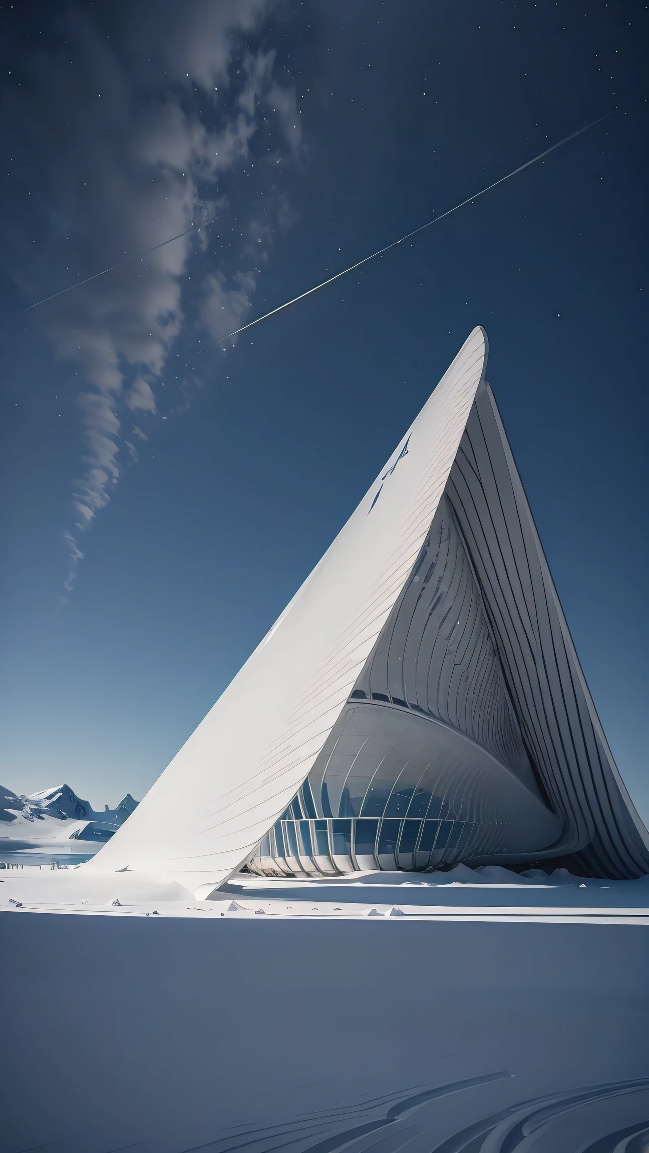 Pavilion in style of zaha hadid in snow glacier in Antarctica, modern museum. description also includes technical details of the photographic shoot, such as the use of a Sigma Art 14mm f/1.8 lens, a setting of ISO 3200, an aperture of f/1.8