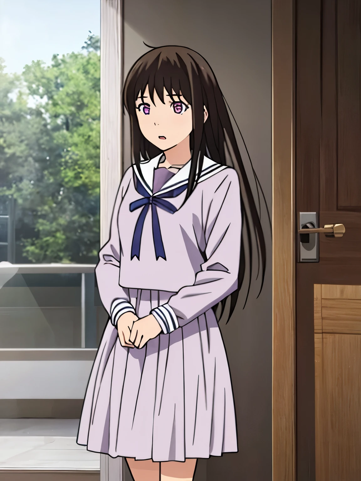 masterpiece, 1girl, stand, school uniform, miniskirt, blush, worried eyes, skirt lift, show of panties, looking at viewer, peeping tom shot