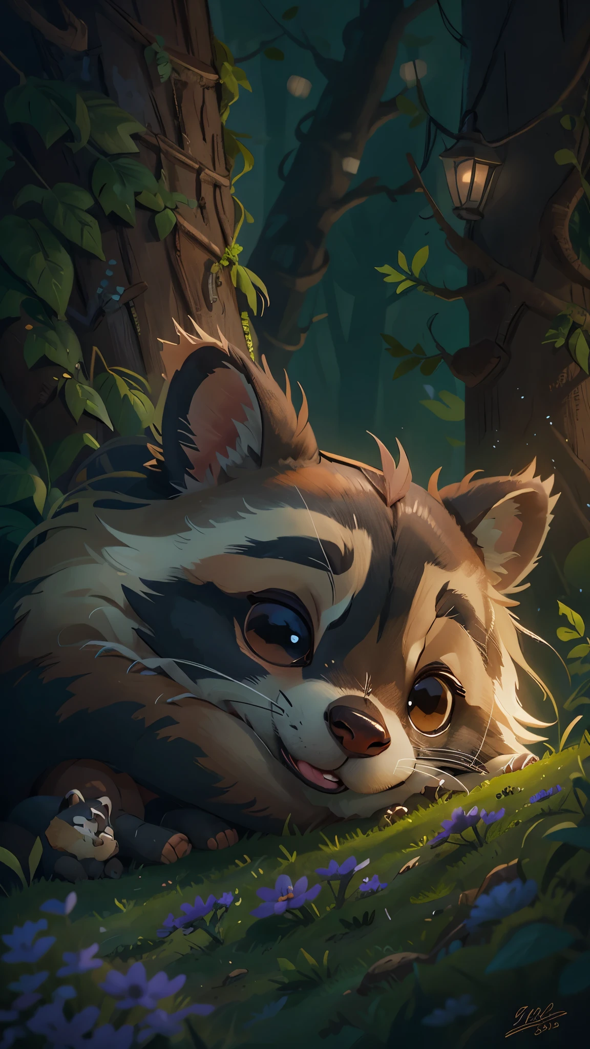 it's late at night，Cute raccoon sleeping among the woods，goodnight，Little raccoon。close up, Pixar cinematic style, best quality, movie stills, very cute,