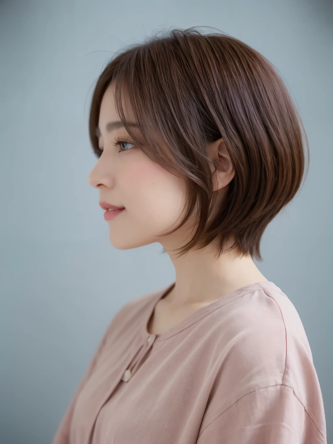 Taken in front of the white door、(8K、Raw photo、highest quality、masterpiece:1.2)、High-definition RAW color photo、professional photos、(realistic、フォトrealistic:1.37)、Shot in natural light、1 girl、laughter、(Versatile poses)、squat、squat、break (Ombre:1.3) 、Winter clothes、 necklace、(pastel clothing)、(Beautiful profile:1.3)、Don't look at the camera、profile、shortcut、((brown hair)、short hair、Eye color dark brown、(Beautiful profile:1.3)、correct hand of human body、Simple piercing