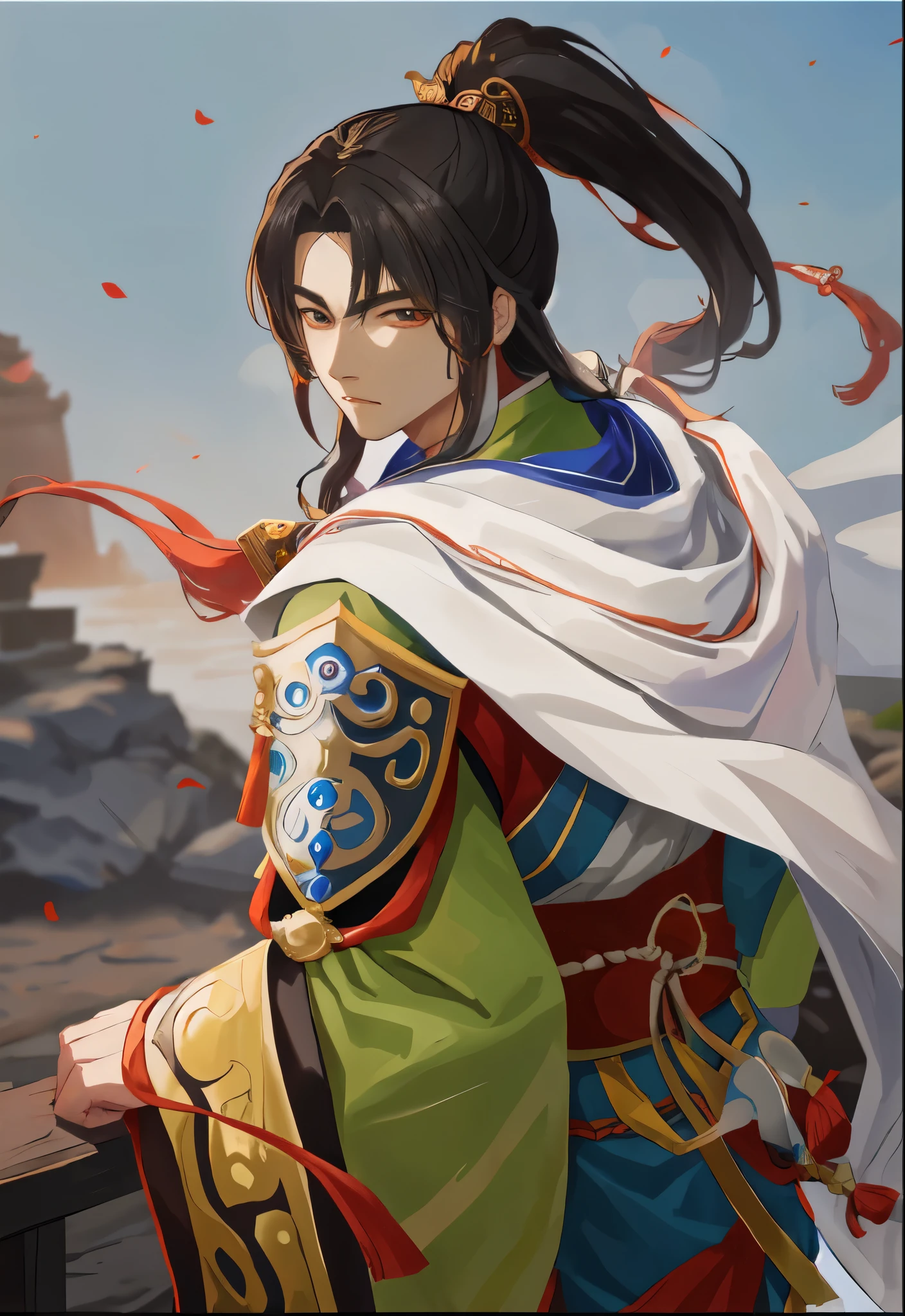 long hair、White cloak、Anime characters holding swords, zhao yun, heise jinyao, author:Yang Jie, Inspired by Bian Shoumin, inspired by Guan Daosheng, Inspired by Zhao Yuan, g liulian art style, inspired by Li Rongjin, Inspired by Huang Shen, bian lian,three kingdom,Unparalleled in the Three Kingdoms,handsome guy
