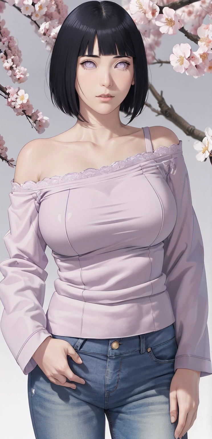 masterpiece, absurdres, hinata\(boruto\), 1girl, solo,mature female, off-shoulder crop top, looking at viewer, (falling petals), perfect composition, detailed lips, big breast, beautiful face, body propotion, blush, (pink lips), long hair,  purple eyes,  soft gaze,  super realistic, detailed, photoshoot, realistic face and body, sexual expression, seductive expression,(very huge bare tits)