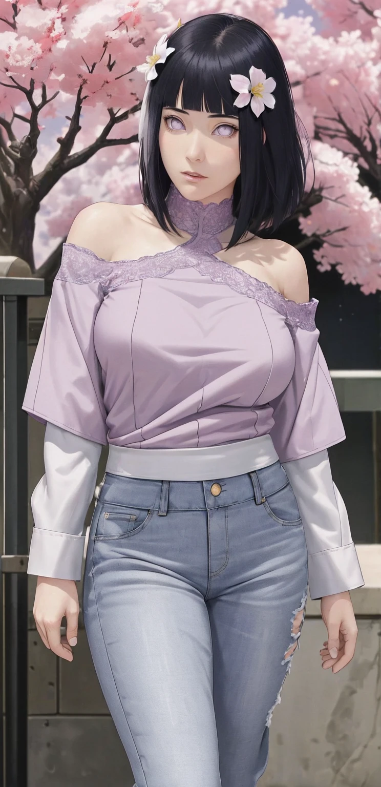 {-erro_de_anatomia:1.0}(Masterpiece - Ultra-Detailed, High Resolution) Masterpiece, absurderes, Hinata\(Boruto\), 1girll, Solo,Mature female, Off-the-shoulder lace shirt, When looking at the camera, Perfect composition, Detailed lips, big breast, Beautiful face, body propotion, Blush, (black hair, Purple eyes, Soft gaze, Super realistic, Detailed, photoshoot, Realistick faces and bodies, whole body, standing, looking at the camera, with white background, jeans, sakura flowers around