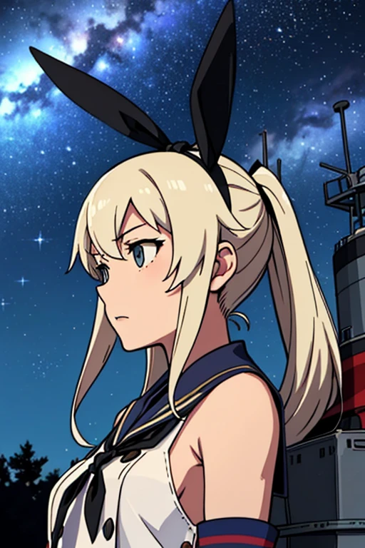 hyper detailed, perfect anatomy, extremely detailed and delicate, 1 girl, shimakaze(kancolle), night sky, stars, milkyway, with a black cat,