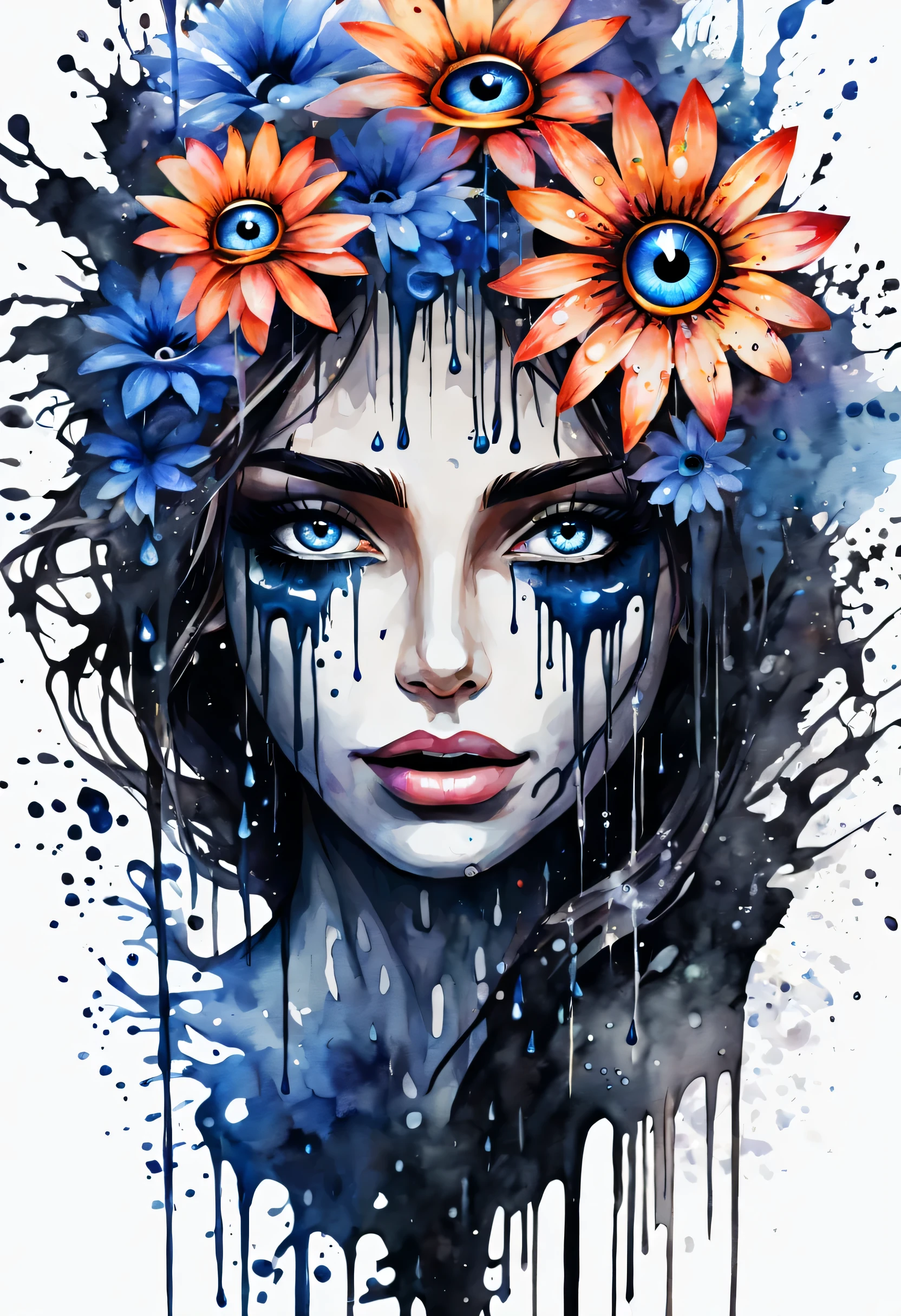 abstract steampunk wolf, fantasy flower garden, red and blue, on watercolor insane paint of black canvas, detailed, fine touch, watercolor of true masterpiece,