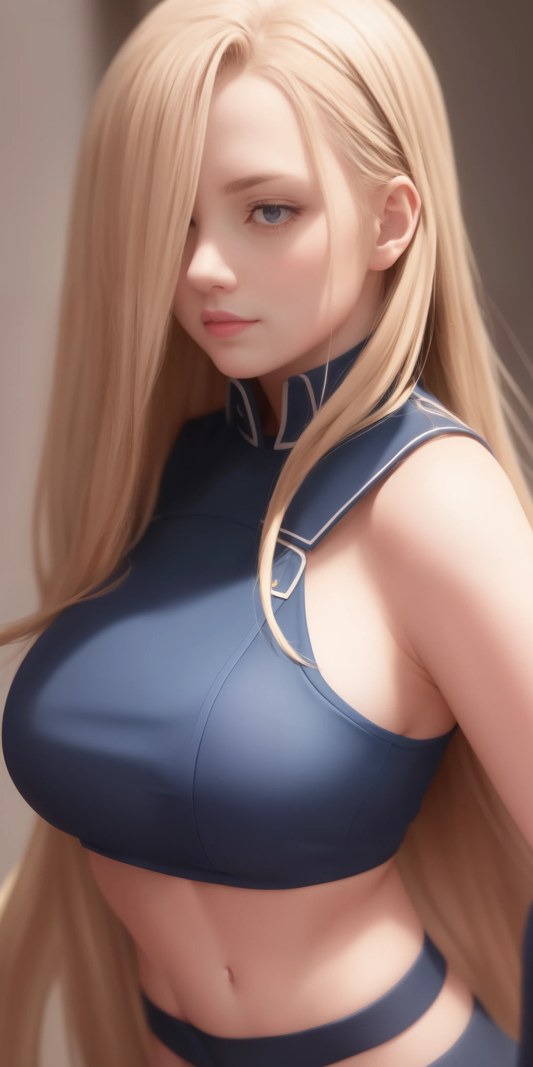 upper body, woman, olivier_mira_armstrong, blue uniform, highres, sharp focus, pixiv masterpiece, ((intricate details)), highly detailed,