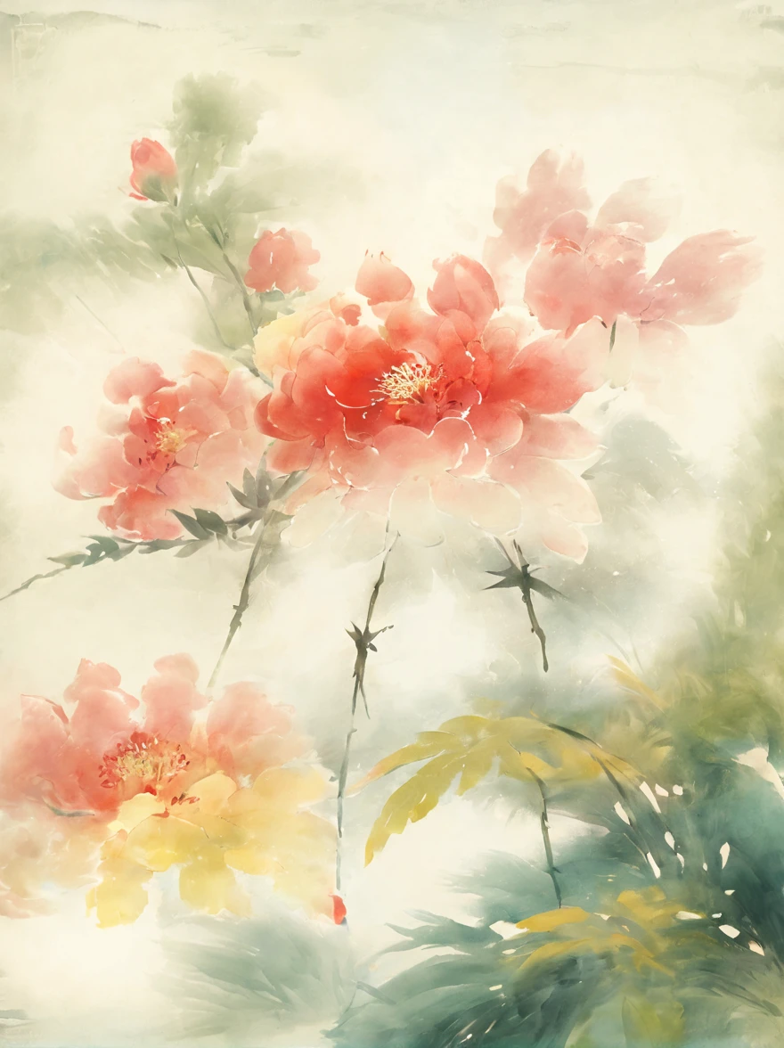 Chinese watercolor paintings focus on the beauty and characteristics of flowers，Using traditional Chinese watercolor style，Capture the elegance and subtlety of flowers，Composition includes various flowers，Each flower  presented with the delicate brushstrokes and soft colors typical of Chinese watercolor art。The arrangement of flowers should be harmonious and beautiful，Demonstrate their individual beauty and the overall balance of the composition。The background should be minimalist，Make flowers the centerpiece of your artwork