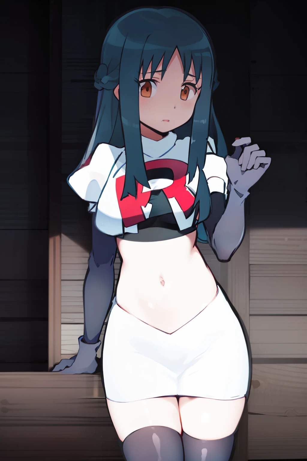 masterpiece, highres, 1girl, black hair, brown eyes, long hair, team rocket,team rocket uniform, red letter R, white skirt,white crop top,black thigh-highs,black elbow gloves