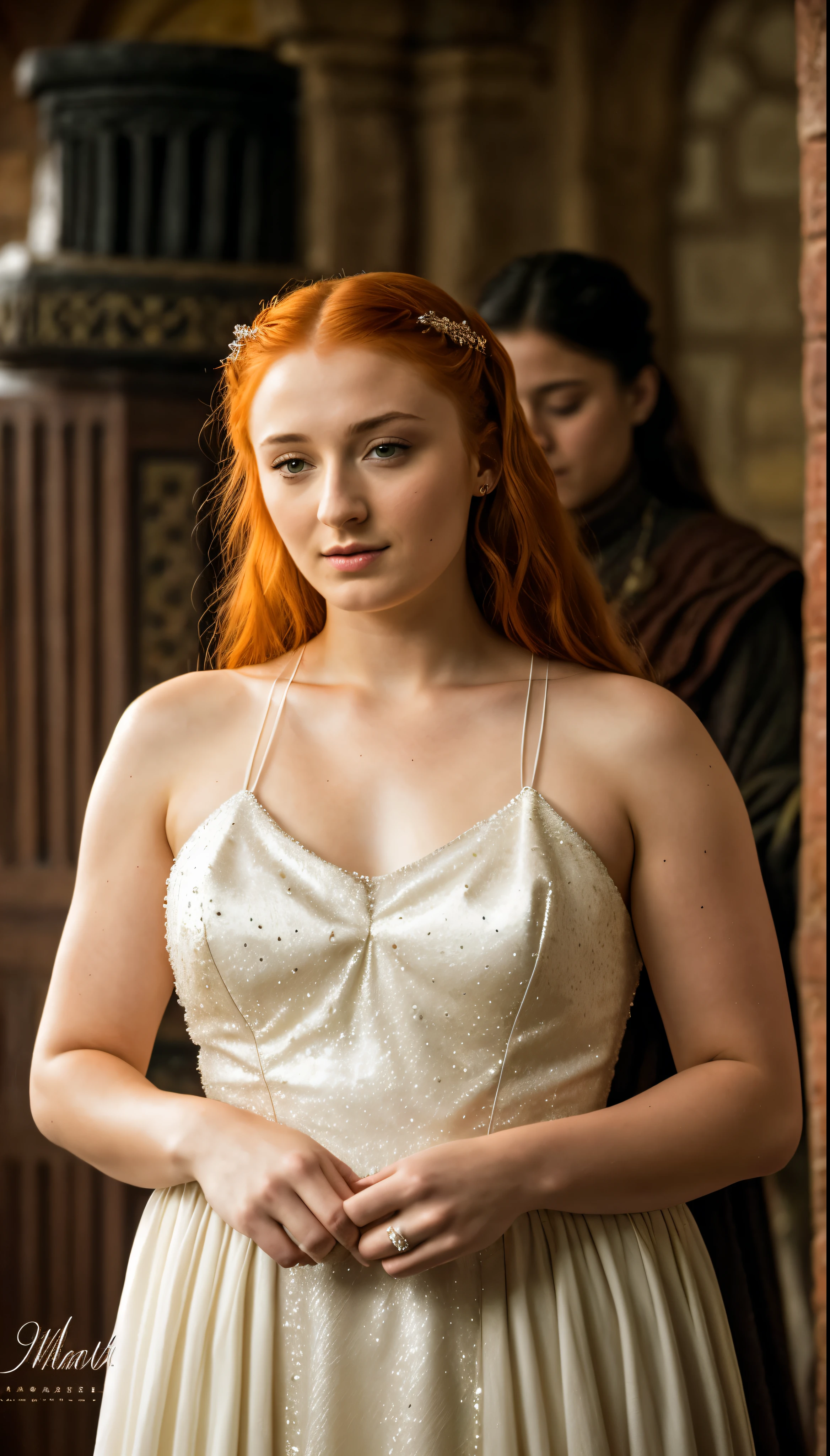 Foto RAW, Sansa Stark PLAYED BY SOPHIE TURNER Ned and Cat's oldest daughter. Demure and ladylike, her dream  to marry Prince Joffrey. Her direwolf  named Lady , Game of Thrones Series, (pele altamente detalhada: 1.2), 8k UHD, DSLR, soft-lighting, alta qualidade, grain of film, Fujifilm XT3