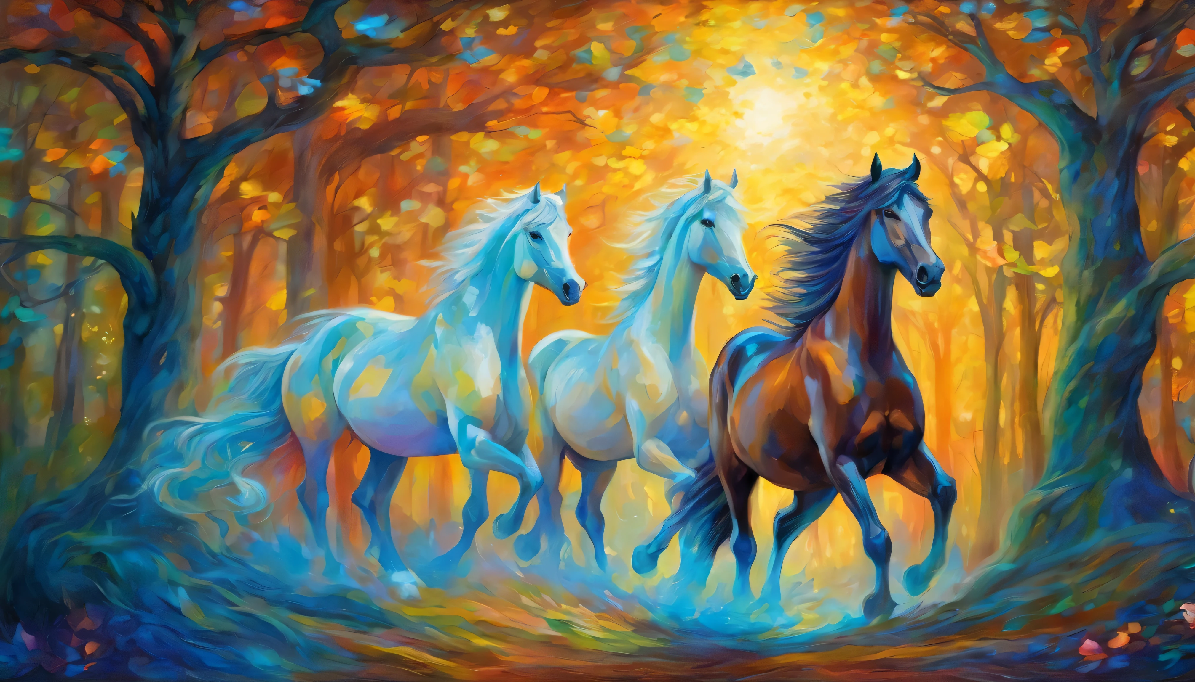Seven majestic horses racing gracefully through an enchanted, ancient forest, surrounded by towering, luminous trees that whisper secrets, the atmosphere filled with an aura of wonder and mystique, oil Painting on canvas, van gogh style