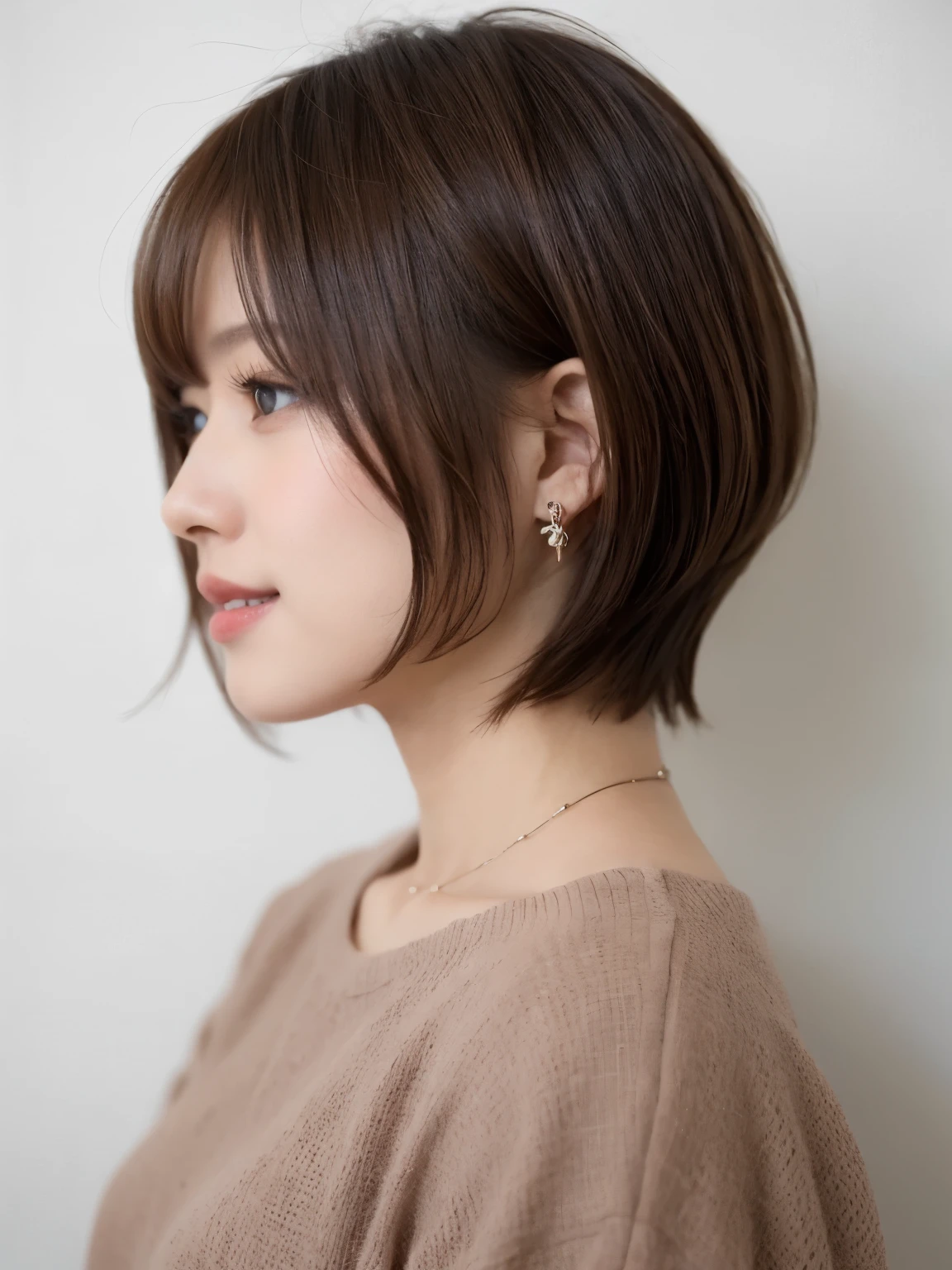 Taken in front of the white door、(8K、Raw photo、highest quality、masterpiece:1.2)、High-definition RAW color photo、professional photos、(realistic、フォトrealistic:1.37)、Shot in natural light、1 girl、laughter、(Versatile poses)、squat、squat、break (Ombre:1.3) 、Winter clothes、 necklace、(pastel clothing)、(Beautiful profile:1.3)、Don't look at the camera、profile、shortcut、((brown hair)、short hair、Eye color dark brown、(Beautiful profile:1.3)、correct hand of human body、Large piercings