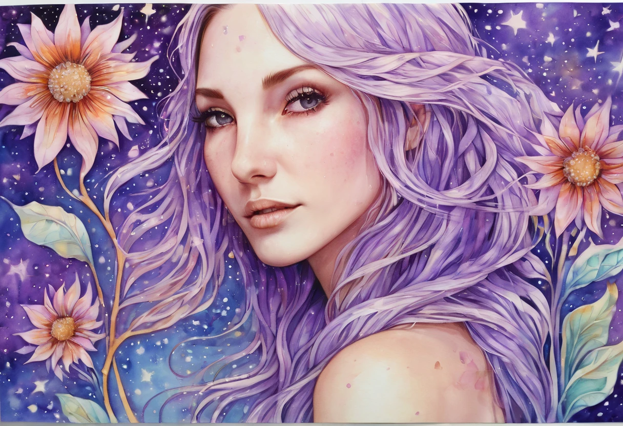 Watercolor Flowers , portraits, fantasy art, detailed features, vibrant colors, detailed  features, long flowers, subtle magical lighting, three side view, 1 side potrait,2 side close, 3 side in the batlle, photo collage, soft purple, film grain, detailed pores and wrinkles on the skin film grain, detailed pores and wrinkles on the skin, detailed elf village in backfround, full of stars sky, zentangle 