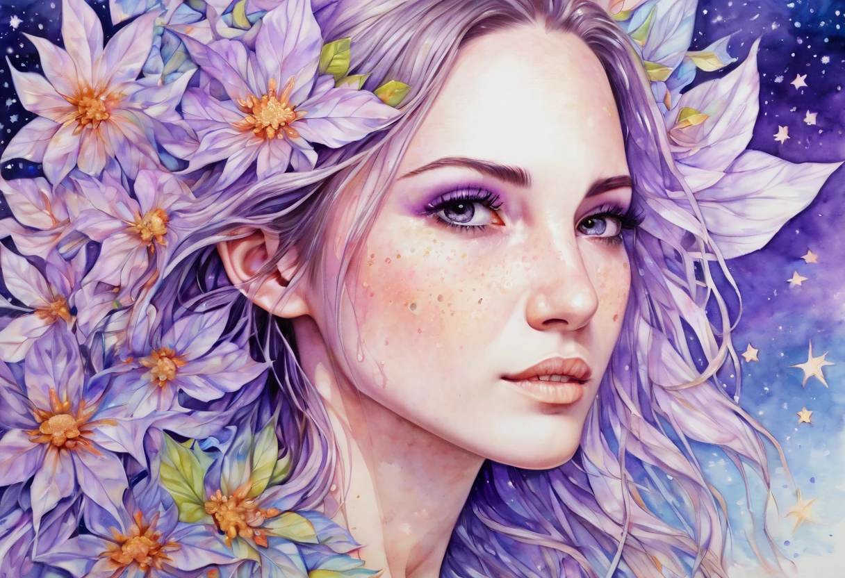 Watercolor Flowers , portraits, fantasy art, detailed features, vibrant colors, detailed  features, long flowers, subtle magical lighting, three side view, 1 side potrait,2 side close, 3 side in the batlle, photo collage, soft purple, film grain, detailed pores and wrinkles on the skin film grain, detailed pores and wrinkles on the skin, detailed elf village in backfround, full of stars sky, zentangle 