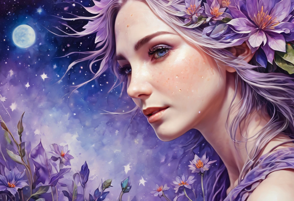 Watercolor Flowers , portraits, fantasy art, detailed features, vibrant colors, detailed  features, long flowers, subtle magical lighting, three side view, 1 side potrait,2 side close, 3 side in the batlle, photo collage, soft purple, film grain, detailed pores and wrinkles on the skin film grain, detailed pores and wrinkles on the skin, detailed elf village in backfround, full of stars sky, zentangle 