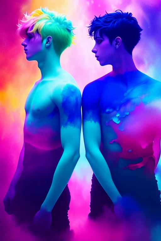 Colorful abstract ink, forming two young 17 year old boys , Romantic lighting, subsurface scattering, shine, underwater painting art, awarded to Alberto Seveso