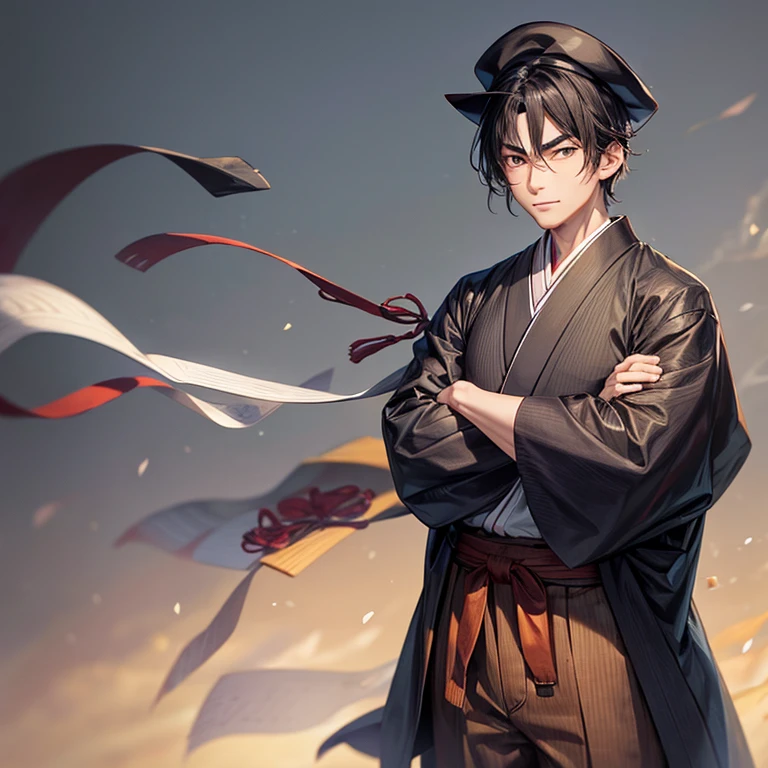 A 35 years old Japanese gentleman((in Taisho era)),, wearing a ((gray Japanese traditional shirt )) and ((brown pants)), a ((black)) long mantle, a black beret ((without any decorations and ribbon )), fearless smile, has a closed Japanese traditional fan, ((standing and his arms folded)), pale green eyes((looks passionate )), ((his eyebrows are raised)), very short black hair, 