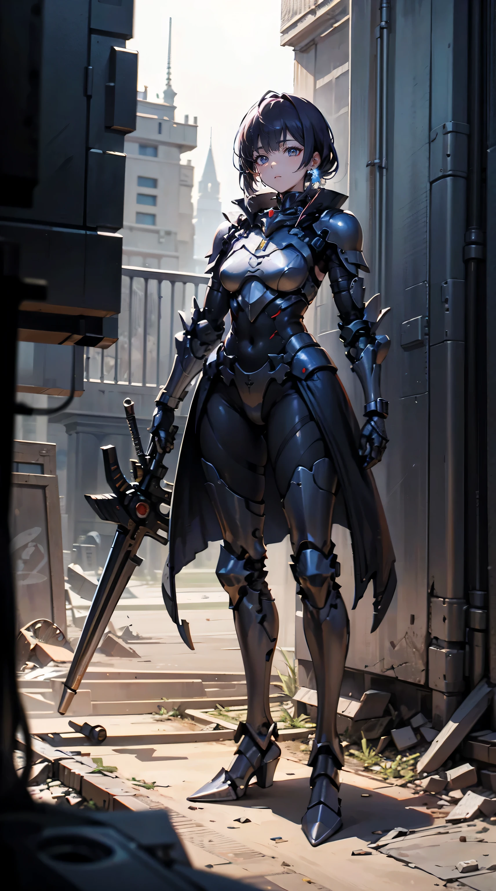 surrealism, Ray tracing, hyper HD, High details, 8K, Best quality, Textured skin, iridescent lighting, Gundam Mech,Cyber wing,tmasterpiece,best qualtiy,full mech suit,(full body villain pose),(Black Mech:1.5),(轴对称:1.4),(hdr),(cinematric light:1.1),White eyes,Cool, scientific fiction,firey,conflict,Background of the destroyed city,(Armed with a weapon:1.5),Mecha male,