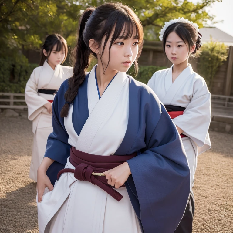 (highest quality, 8K, masterpiece), 1 girl, beautiful girl, Haori Hakama, Facing, aikido, With two people, finding,