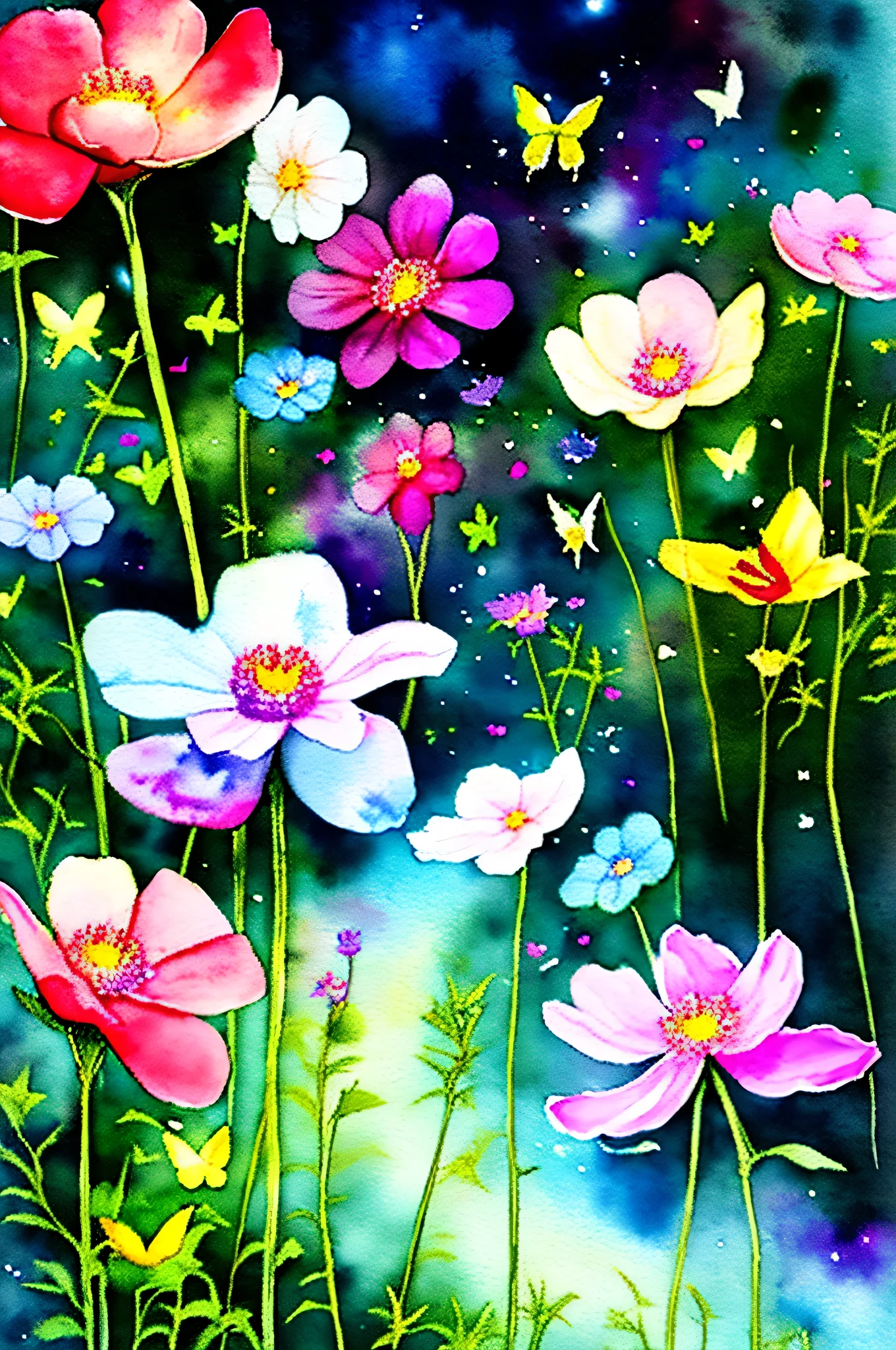 abstract steampunk wolf, fantasy flower garden, red and blue, on watercolor insane paint of black canvas, detailed, fine touch, watercolor of true masterpiece,