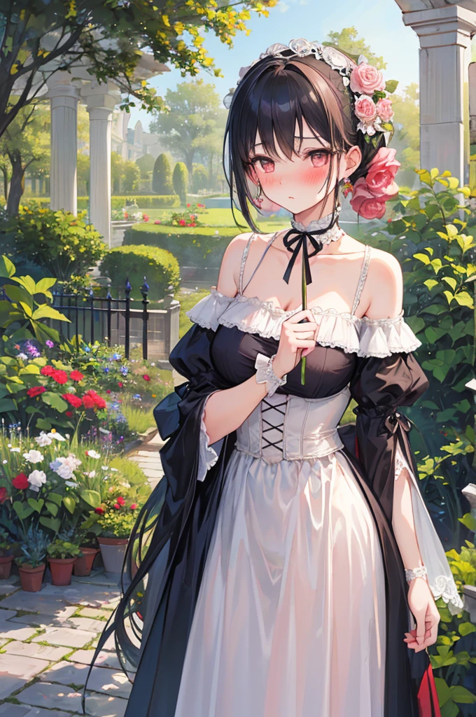 perfect human body，1 girl， (Very detailed background，garden), clavicle，European classical，victorian style skirt，((woman with fever)), , (blush:1.2),