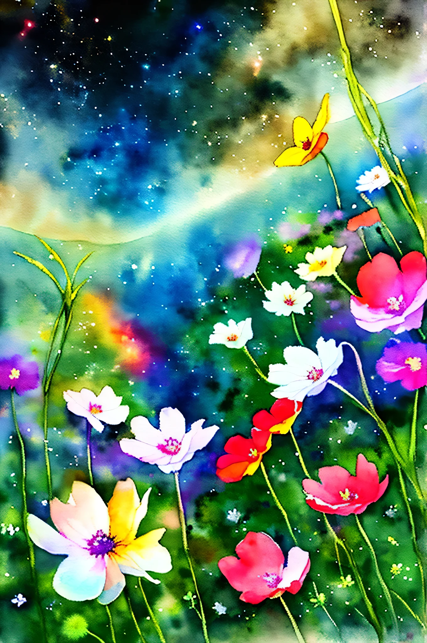 abstract steampunk wolf, fantasy flower garden, red and blue, on watercolor insane paint of black canvas, detailed, fine touch, watercolor of true masterpiece,