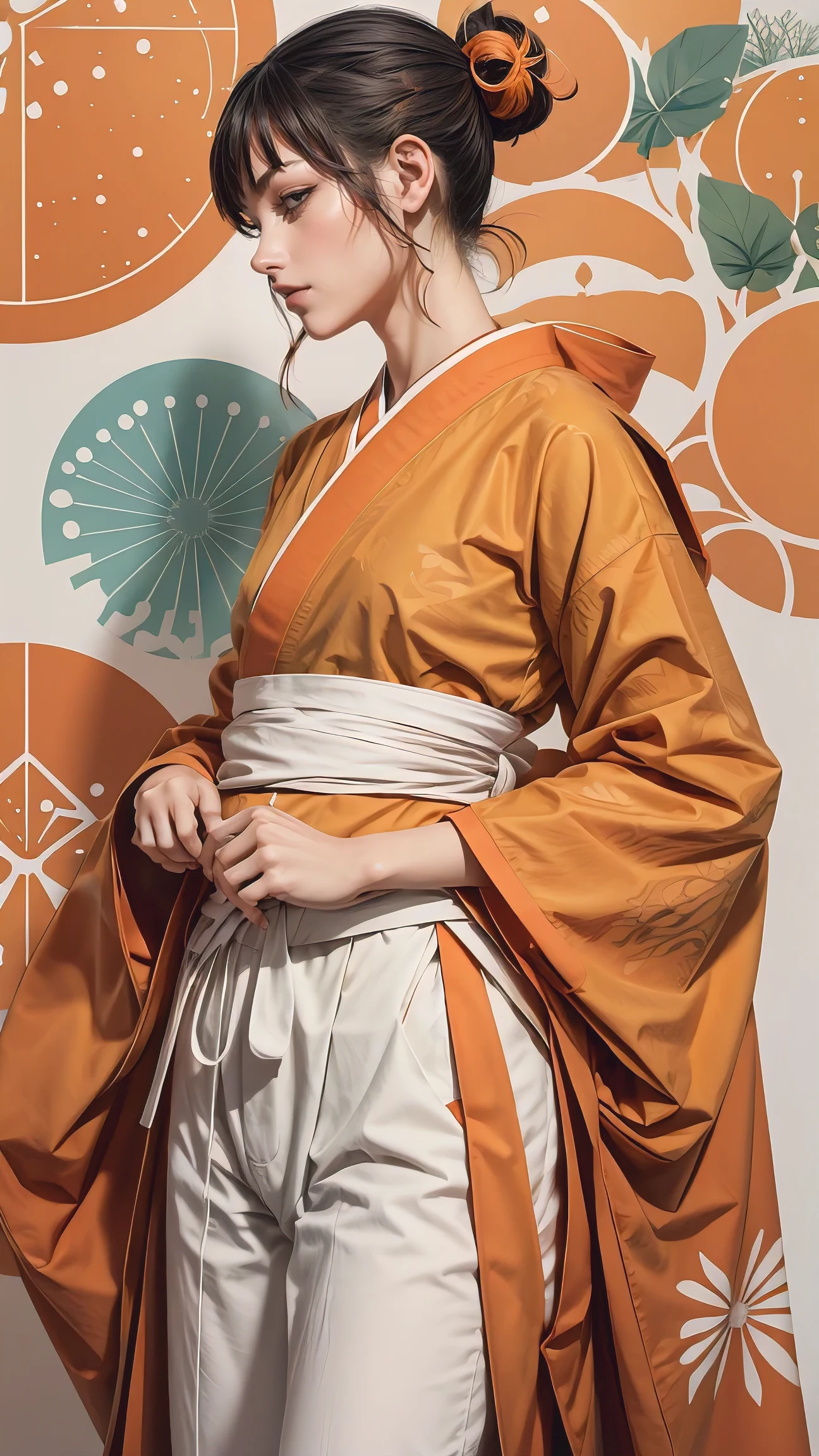 Urban graphity poster with Kanji gold, write "SUPRAMONK" and "99" with urban monk character full body, olive green with orange printed patterns, The Aikido kendo is made from cotton of varying thicknesses high-tech polyester material, which is breathable hexagon meshes are visible. the clothing is in these colors: white denim with orange lightweight cotton kendo Aikido with different layers monk style, several layers of clothing visible
