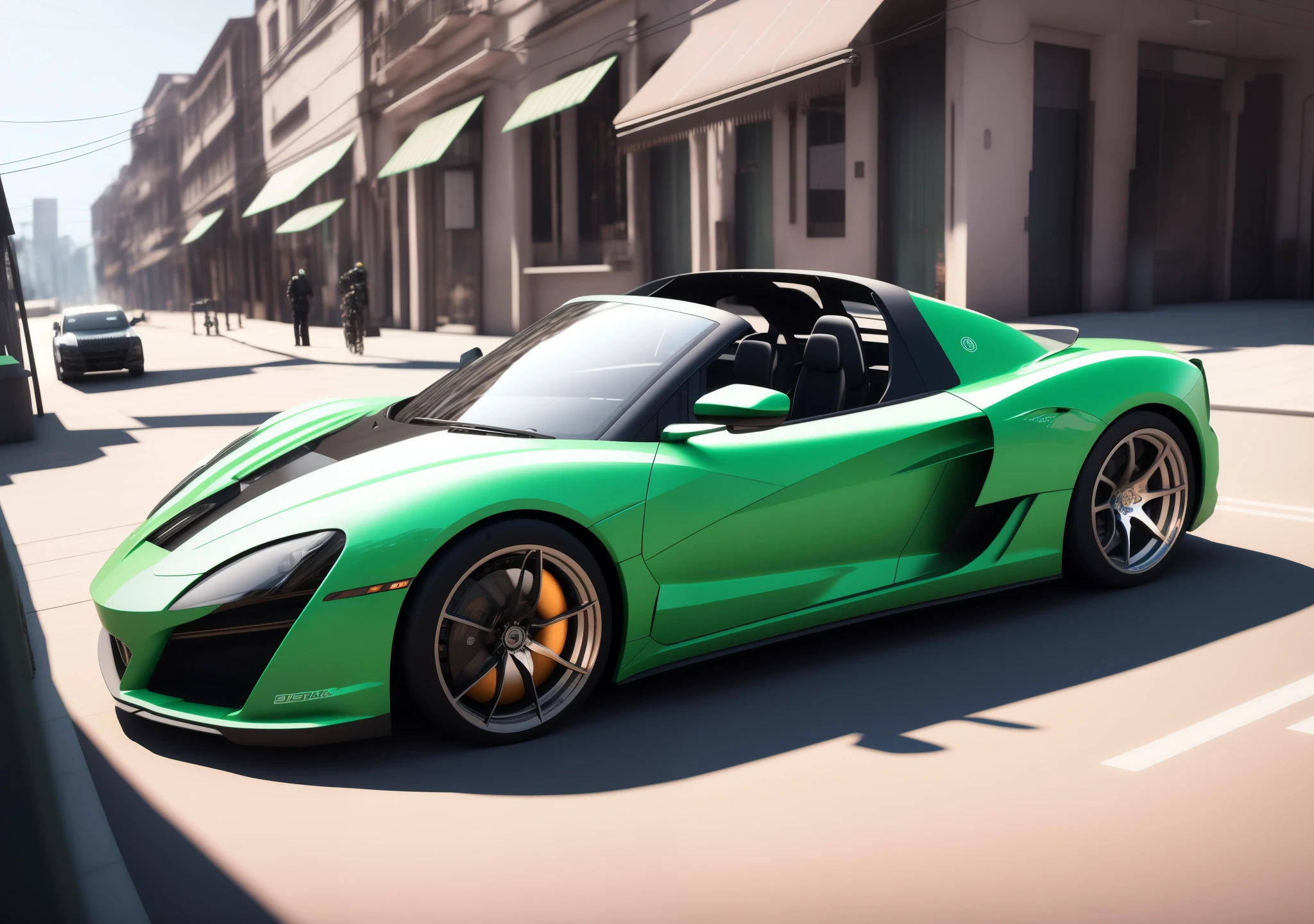 carro esportivo verde arafiado dirigindo por uma rua da cidade, rastreamento de raios octanos, hyperrealistic octane rendering, hyper realistic octane render, amazing octane render, Incredibly detailed octane rendering, Ultra HD 8K octano render, Arnold GPU + fluxo de trabalho octano, ultimate octane render, 8k octane render uhd, Ultra-HD 8k octane rendering, realistic detailed octane render