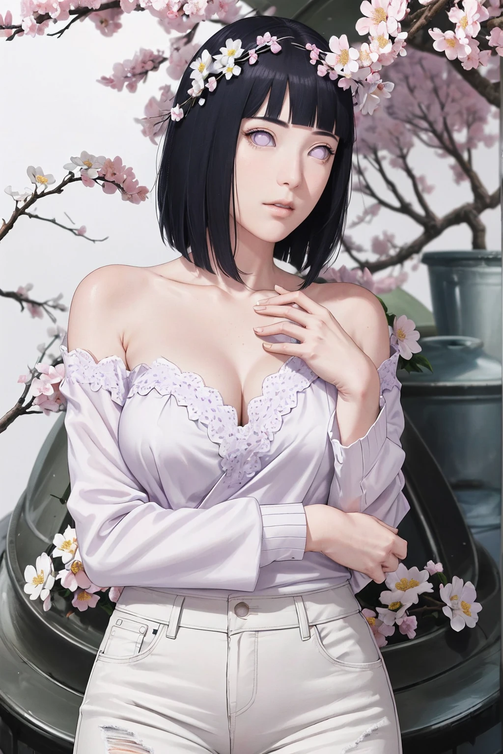 {-erro_de_anatomia:1.0}(Masterpiece - Ultra-Detailed, High Resolution) Masterpiece, absurderes, Hinata\(Boruto\), 1girll, Solo,Mature female, Off-the-shoulder lace shirt, When looking at the camera, Perfect composition, Detailed lips, big breast, Beautiful face, body propotion, Blush, (black hair, Purple eyes, Soft gaze, Super realistic, Detailed, photoshoot, Realistick faces and bodies, whole body, standing, looking at the camera, with white background, jeans, sakura flowers around, close up the face