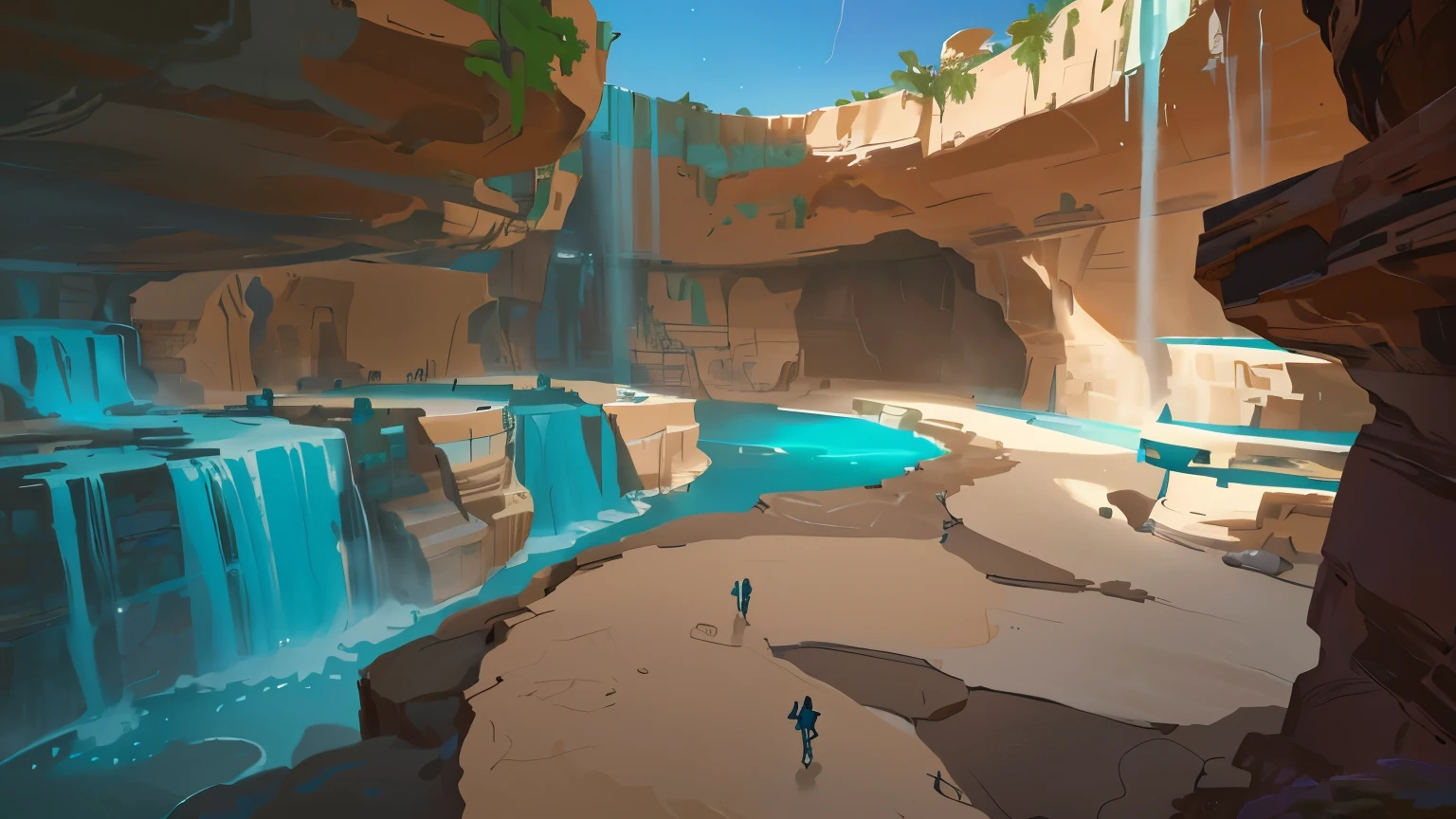 there  a painting，The painting  a waterfall with a pool and a hole., background art, canyon background, stylized concept art, Cave with waterfall, mysterious canyon streams, painted as a game concept art, Desert Oasis background, waterfall cave, concept art!, canyon, finished concept art, concept art, Desert Oasis, concept art, background artwork, digital painting concept art