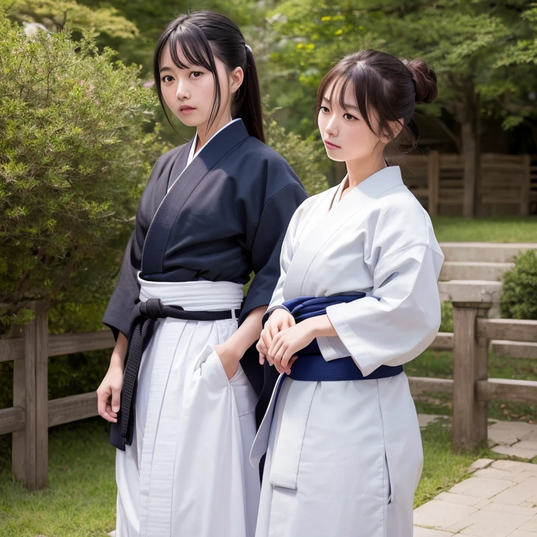(highest quality, 8K, masterpiece), 1 girl, beautiful girl, Haori Hakama, Facing, aikido, With two people, finding, 17 years old, young girl, japanese women,