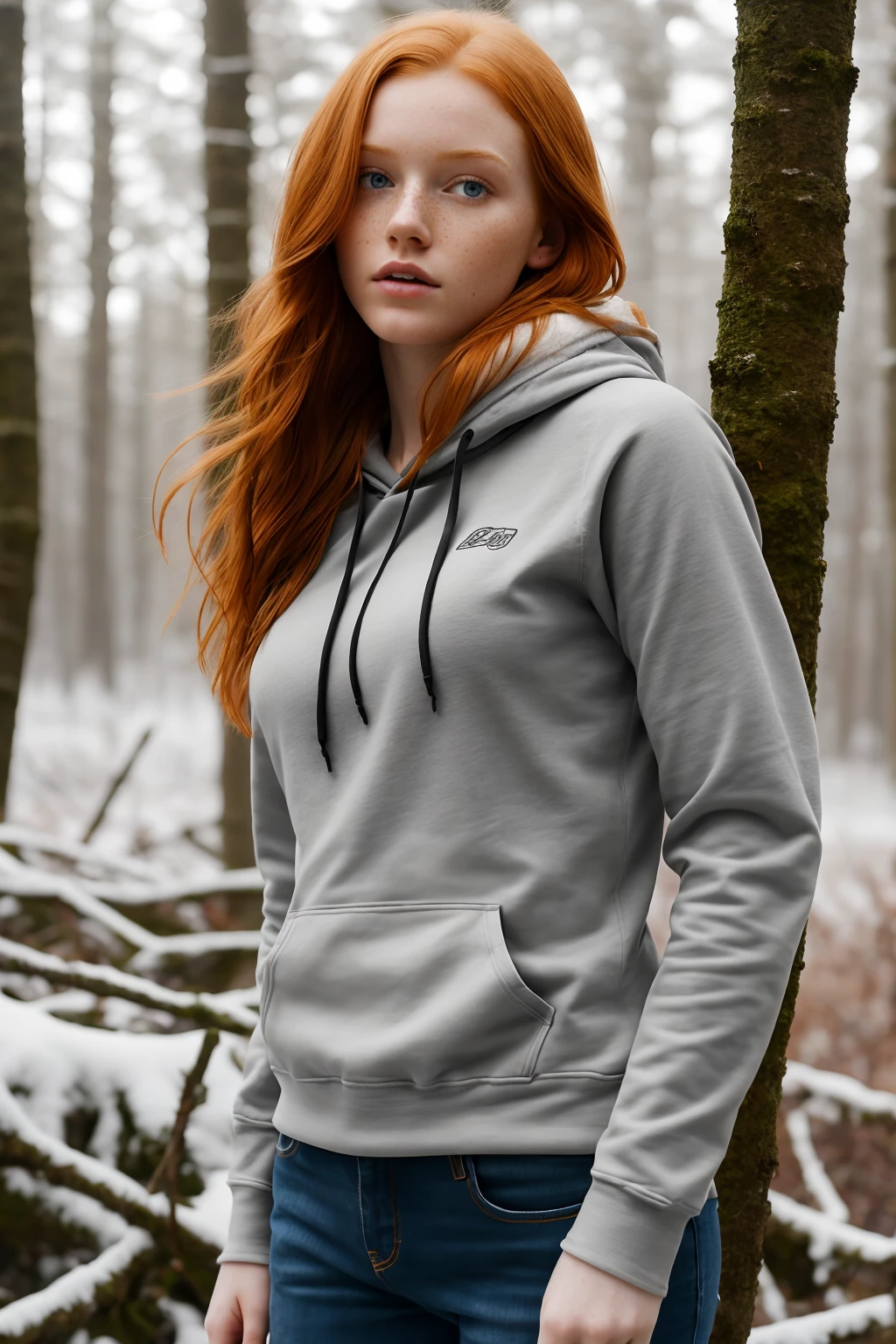 (1girl in, 22, Solo, Aesthetic artwork, irish redhead, straight ginger hair, shoulder length ginger hair, light grey eyes, some small freckles, large breasts, very muscular body, imperfect skin, little abs, wearing hoodie, wearing jeans, empty forest, early winter, snow, blury background, (extremely detailed 8k), (hard lighting), high quality, Sharp focus, (natural light), crazy details, complex details, hyperdetailed