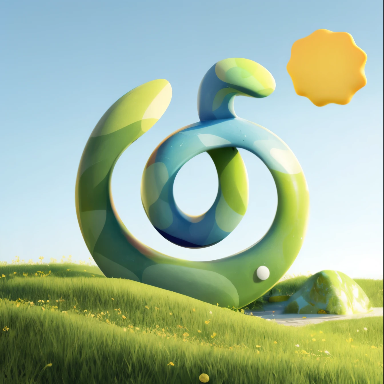 There  a stone on the grass,sun，blue sky， Stylized for 3D rendering, rendering art, 3D rendering stylization, Stylized 3D 渲染, rendered illustration, Depicted as 3D rendering, Render in key shot, Stylized 3D, Stylized 3D graphics, Soft 3D rendering, Smooth 3D CG rendering