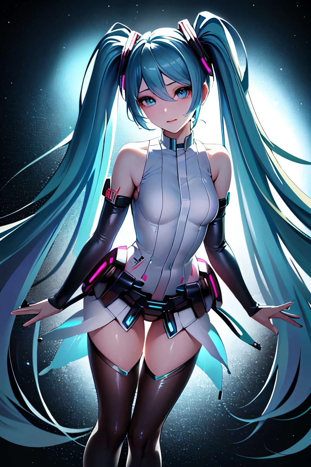 Anime, Girl, (((1girl))), (((Waifu, VOCALOID, Miku Hatsune Waifu))), , (((Blue Hair, Long Hair, Twintails Hair))), ((Blue Eyes eyes:1.3, Upturned Eyes: 1, Perfect Eyes, Beautiful Detailed Eyes, Gradient eyes: 1, Finely Detailed Beautiful Eyes: 1, Symmetrical Eyes: 1, Big Highlight On Eyes: 1.2, Hoshino Ai's Star Eyes)), (((Lustrous Skin: 1.5, Bright Skin: 1.5, Skin Fair, Shiny Skin, Very Shiny Skin, Shiny Body, Plastic Glitter Skin, Exaggerated Shiny Skin, Illuminated Skin))), (Detailed Body, (Detailed Face)), Full body Shot, Young, Idol Pose, (Best Quality), Shirt, Loose Skirt, Stockings, Garterbelt, School Uniform, Cute Uniform, Modest Clothing, Skin Covered, Cute Disposition, Full Body Shot, High Resolution, Sharp Focus, Ultra Detailed, Extremely Detailed, Extremely High Quality Artwork, (Realistic, Photorealistic: 1.37), 8k_Wallpaper, (Extremely Detailed CG 8k), (Very Fine 8K CG), ((Hyper Super Ultra Detailed Perfect Piece)), (((Flawlessmasterpiece))), Illustration, Vibrant Colors, (Intricate), High Contrast, Selective Lighting, Double Exposure, HDR (High Dynamic Range), Post-processing, Background Blur