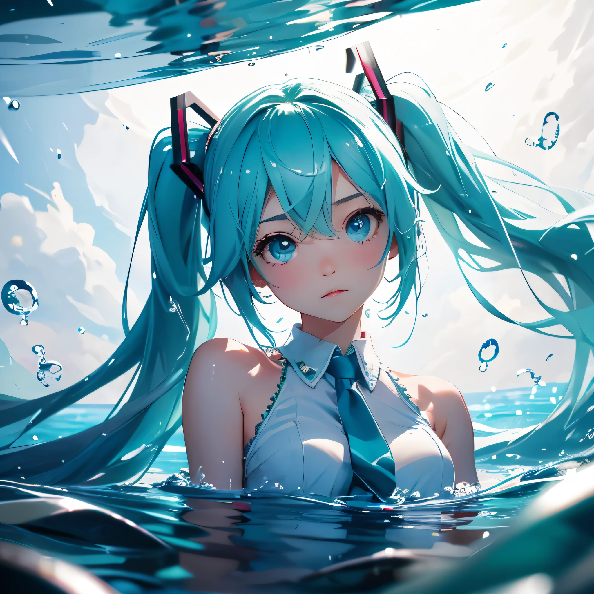 (masterpiece, best quality, 8k wallpaper:1.2), ultra detailed, absurdres, highres, 1girl, looking at viewer,( hatune miku:1.3), happy, white , (laugh:1.1), long twintail, blue green hair, dancing, silky skin, beautiful eyes, focus on eyes, long hair flowing with the wind, beautiful smile line, big blue eyes, shiny hair, (surrounded by heavy floating musical note flow:1.3), on the stage, (((glossy slippy smooth texture {blue|black} one-piece japanese school swimsuit:1.3))), from side behind, flat chest:0.3, realistic, realism, photorealistic, beautiful detailed eyes, beautiful detailed skin, beautiful detailed clothes,