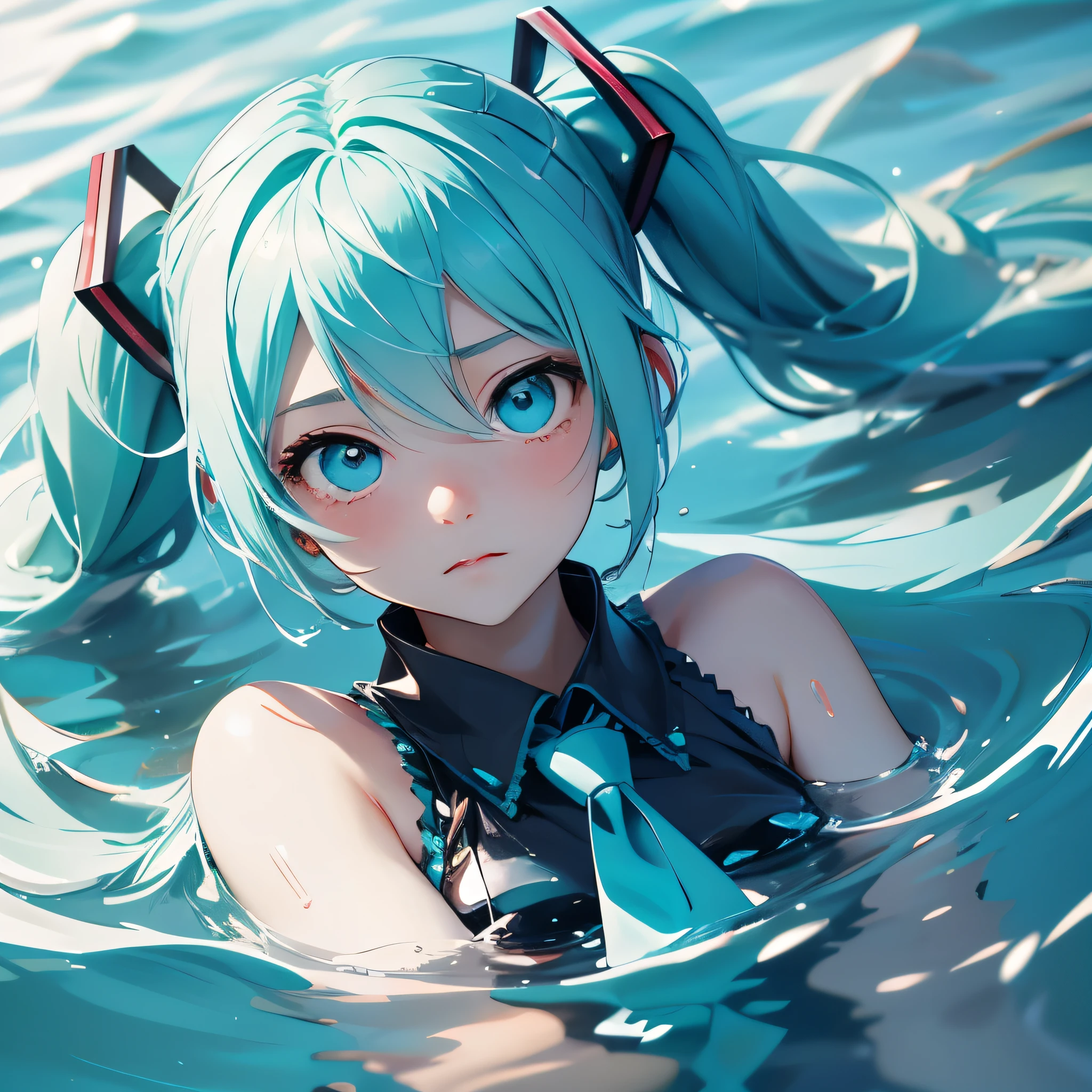 highest quality, expressive eyes, perfect face, 1 girl, alone,hatsune miku、float in the water、There are water droplets on the tips of my hair.
