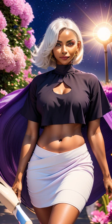 realistic, 1middle-aged woman, white hair, purple eyes, glowing eyes, crop top, skirt, parted lips, blush, night, flowers, sun, sunlight, exotic skin, tanned skin, Ethiopian woman,